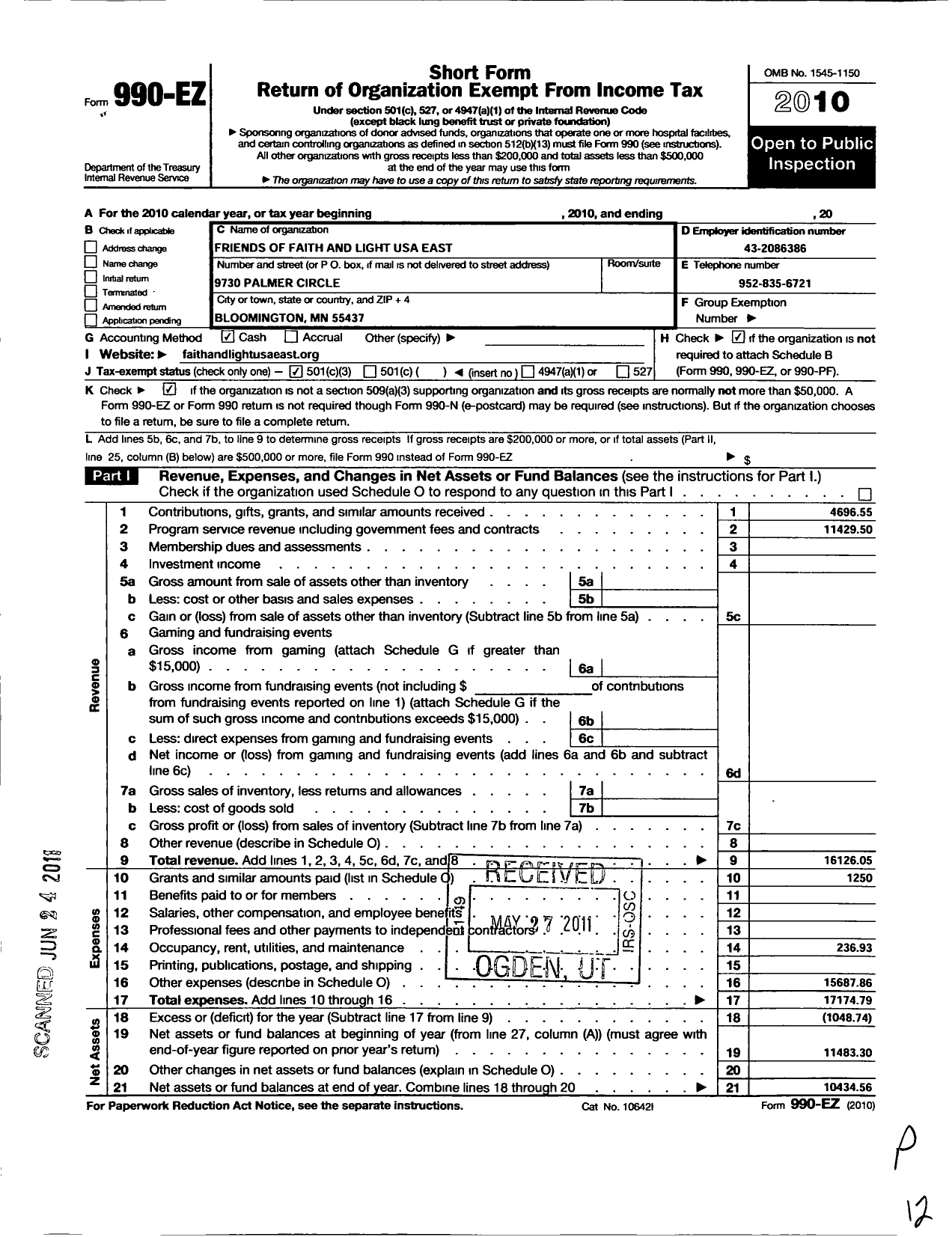 Image of first page of 2010 Form 990EZ for Friends of Faith and Light USA East