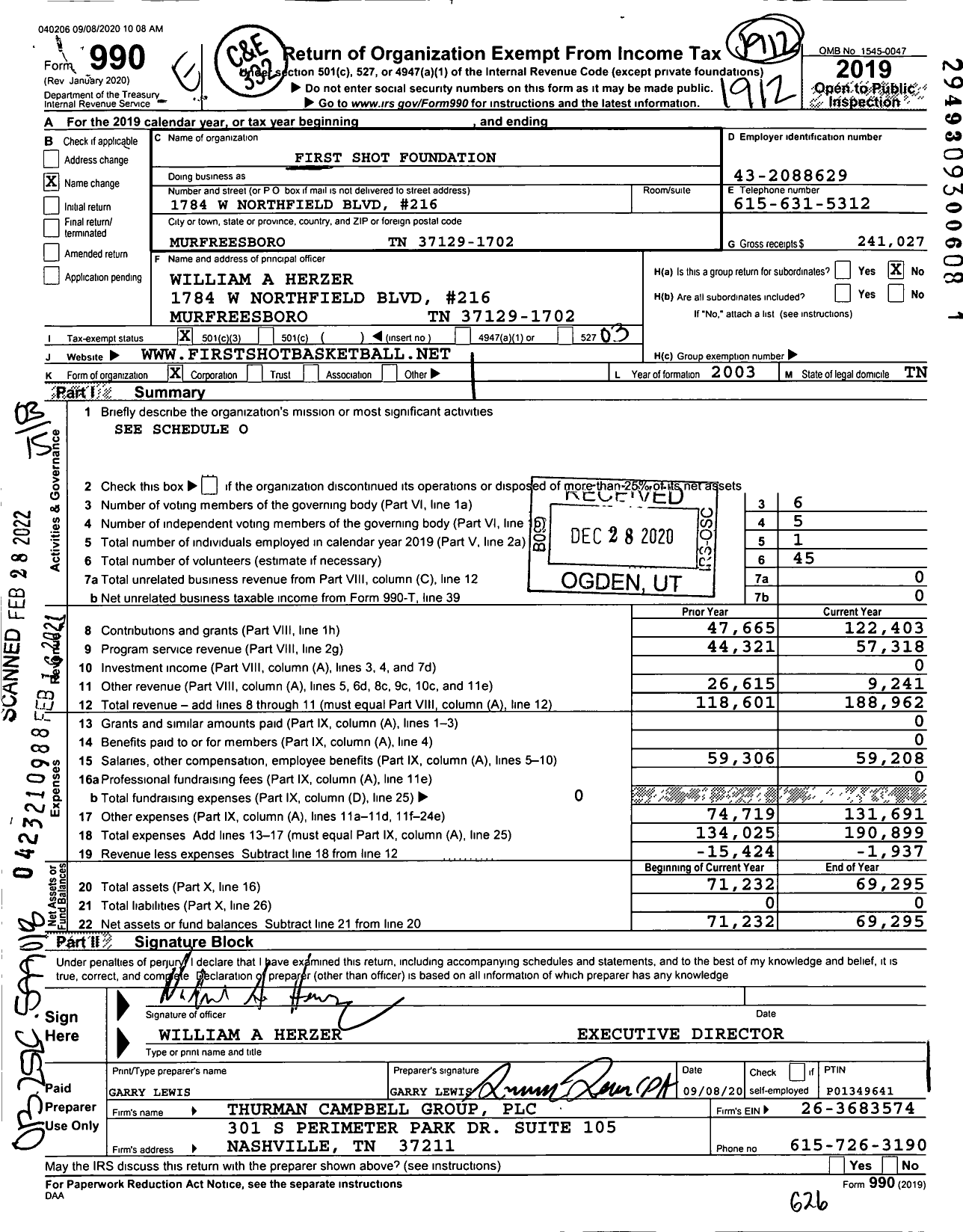 Image of first page of 2019 Form 990 for First Shot Foundation