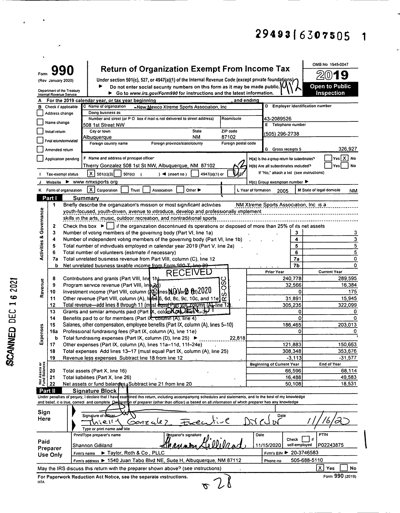 Image of first page of 2019 Form 990 for New Mexico Xtreme Sports Association