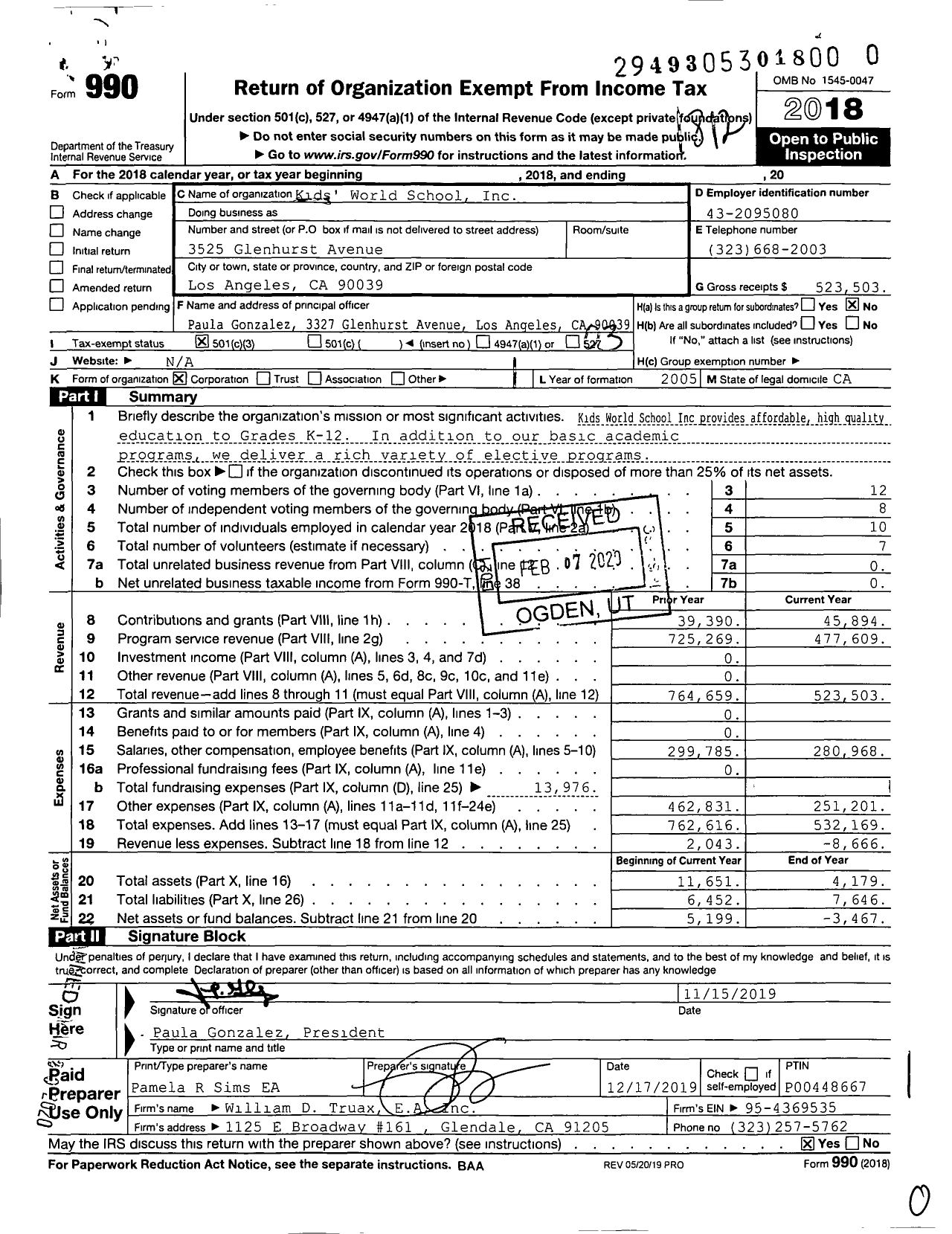 Image of first page of 2018 Form 990 for Kids' World School