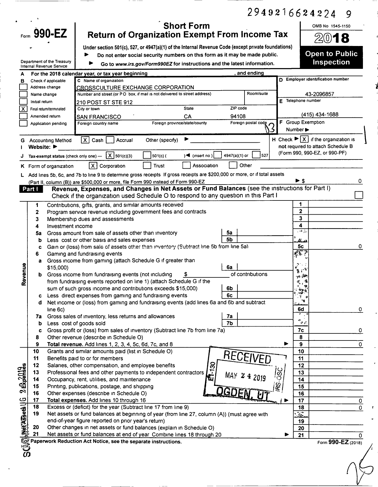 Image of first page of 2018 Form 990EZ for Crossculture Exchange Corporation