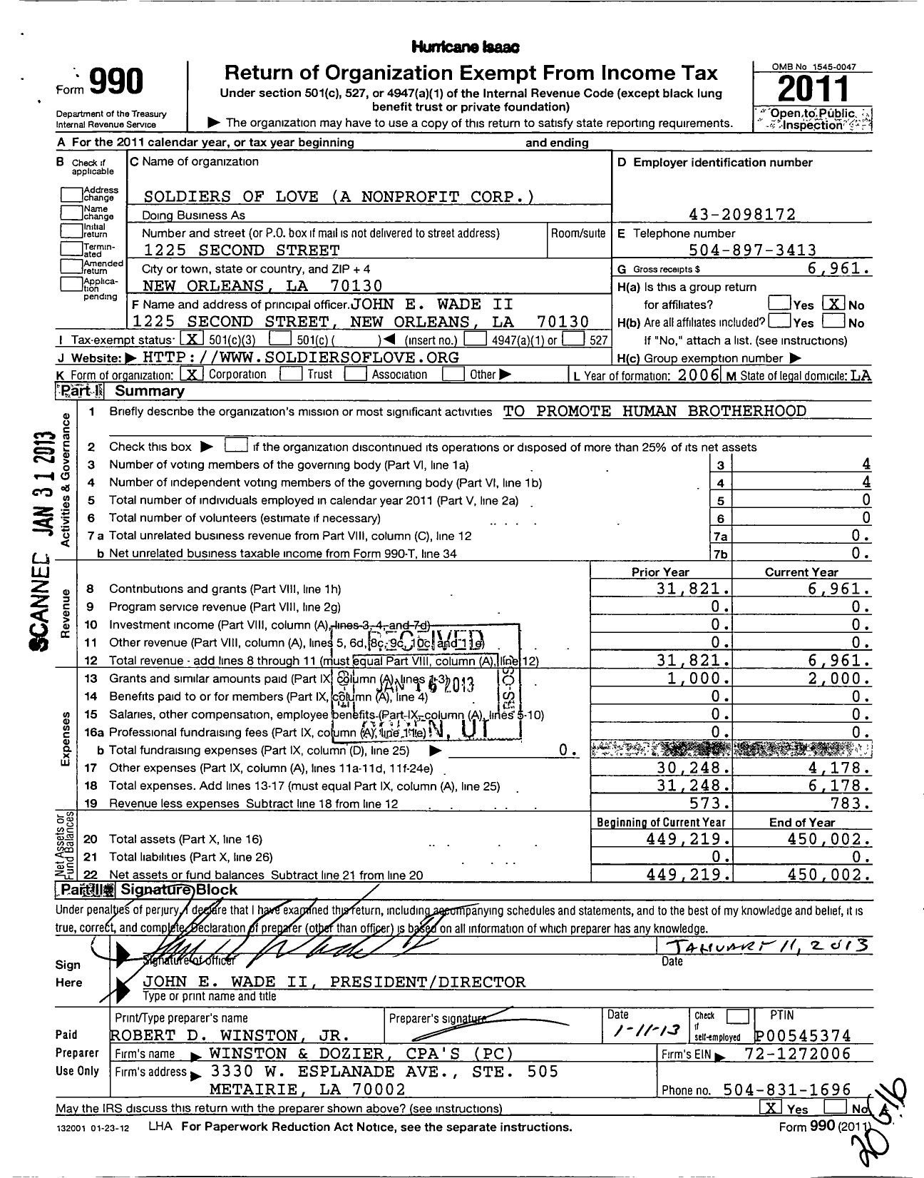 Image of first page of 2011 Form 990 for Soldiers of Love A Nonprofit Corporation