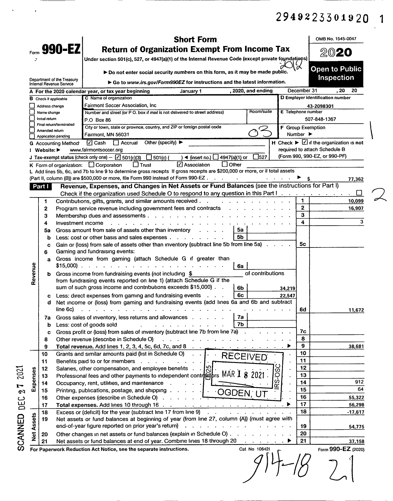 Image of first page of 2020 Form 990EZ for Fairmont Soccer Association