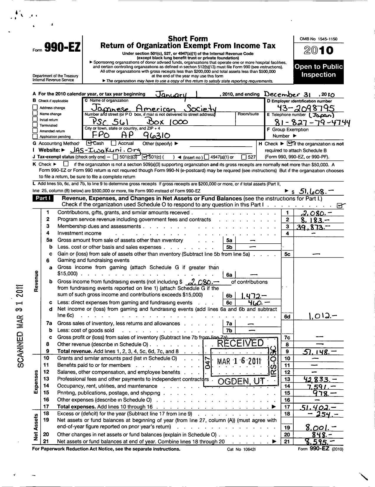 Image of first page of 2010 Form 990EO for Japanese American Society