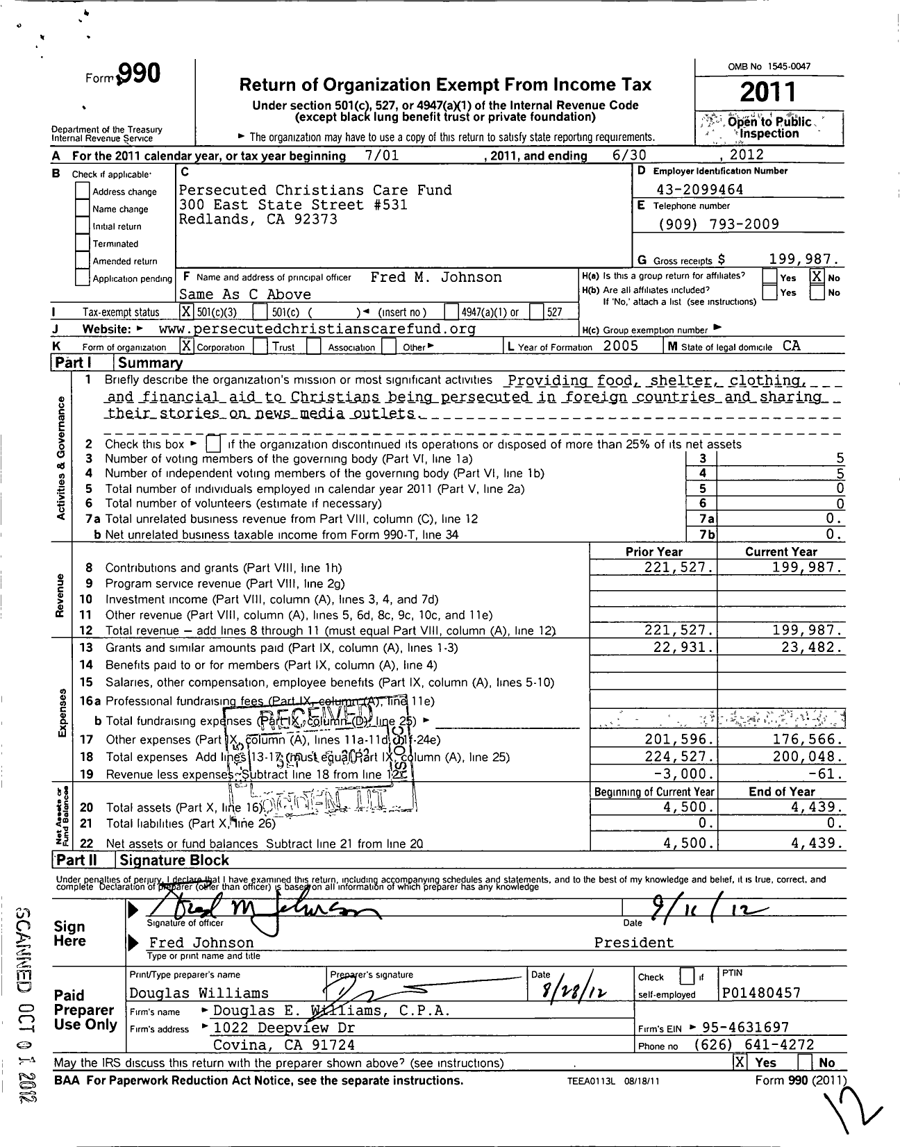 Image of first page of 2011 Form 990 for Persecuted Christians Care Fund