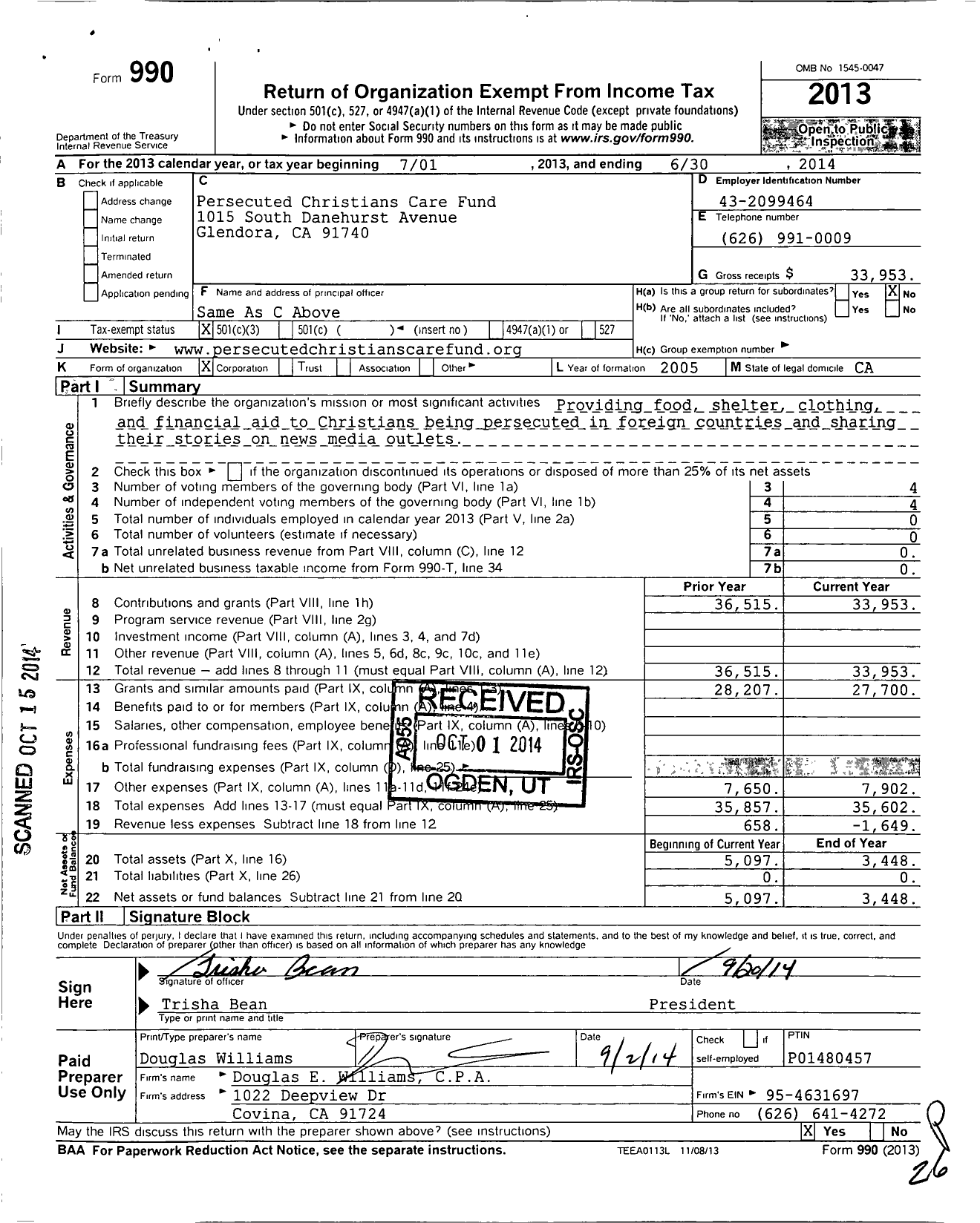 Image of first page of 2013 Form 990 for Persecuted Christians Care Fund