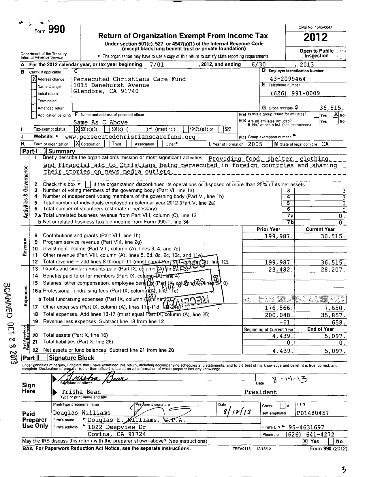 Image of first page of 2012 Form 990 for Persecuted Christians Care Fund