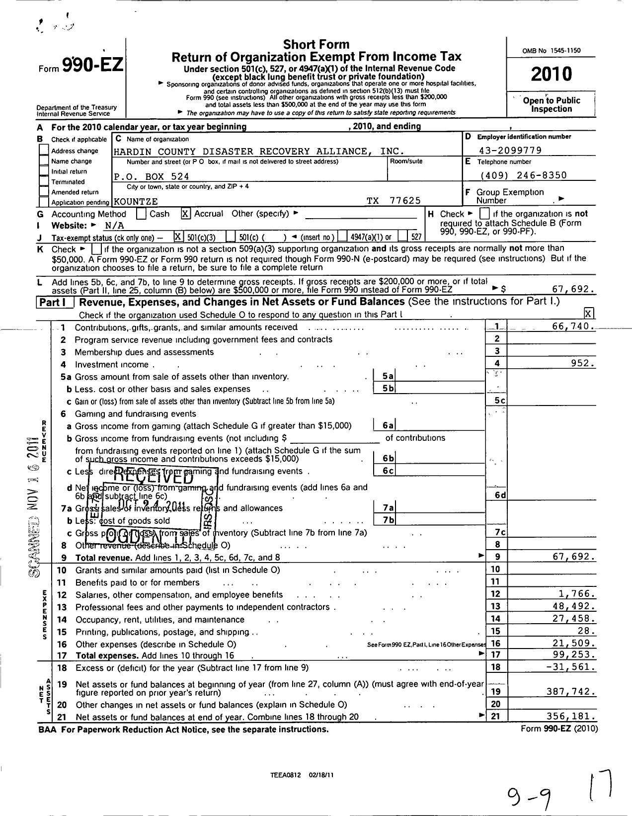 Image of first page of 2010 Form 990EZ for Hardin County Disaster Recovery Alliance