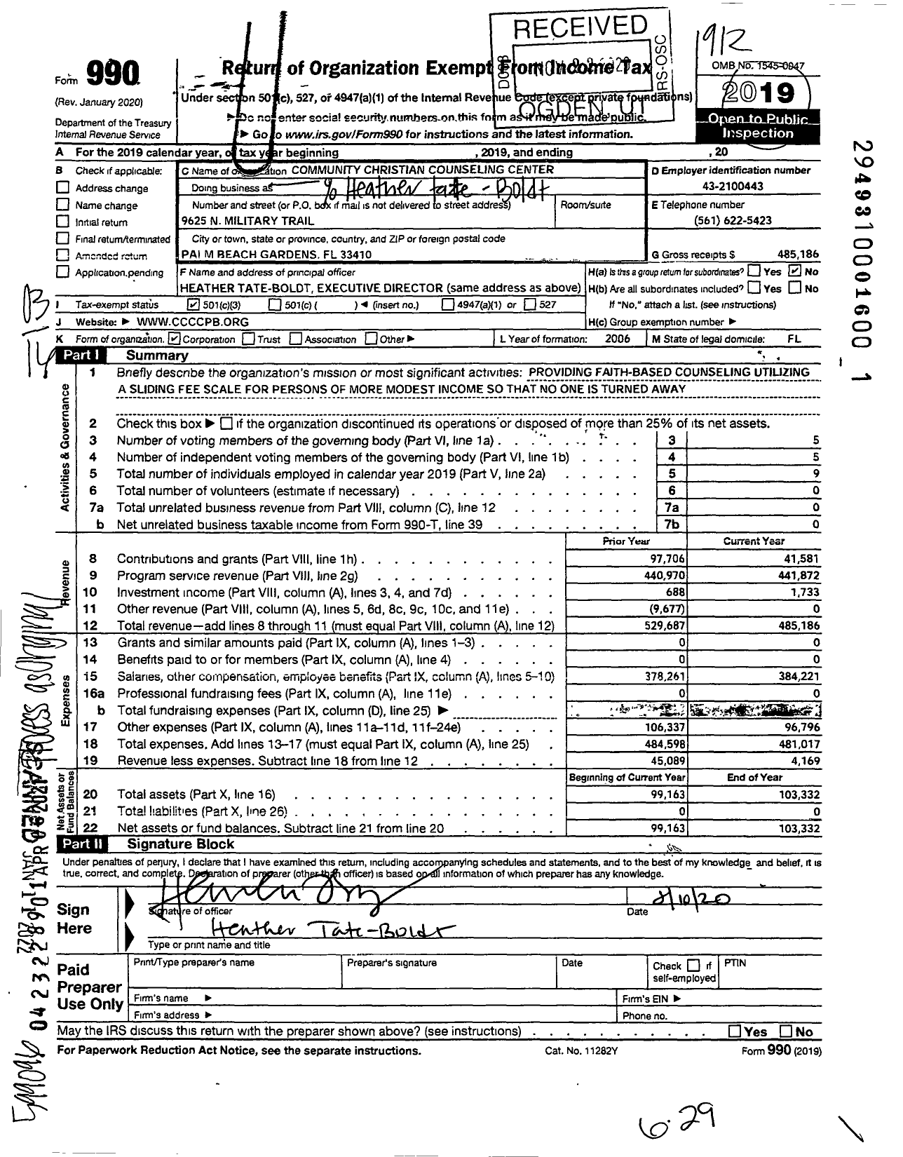 Image of first page of 2019 Form 990 for Community Christian Counseling Center of Palm Beach County