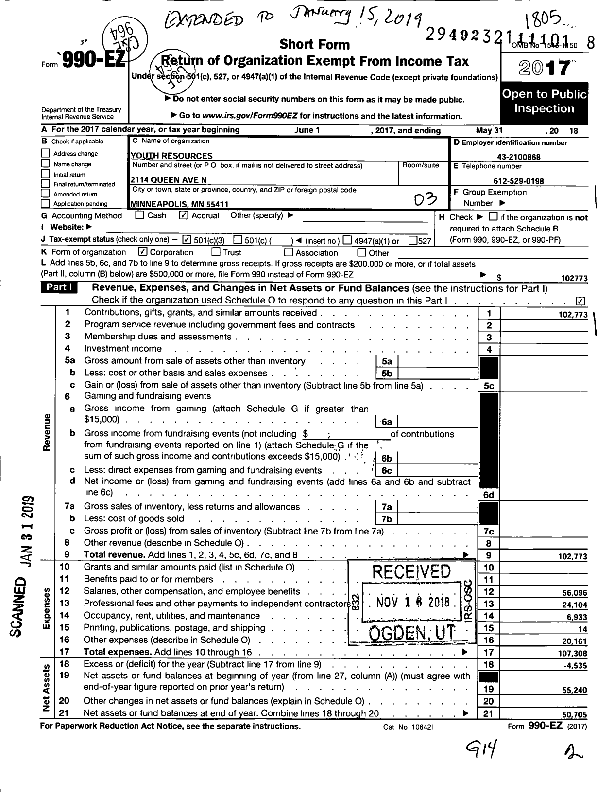 Image of first page of 2017 Form 990EZ for Youth Resources