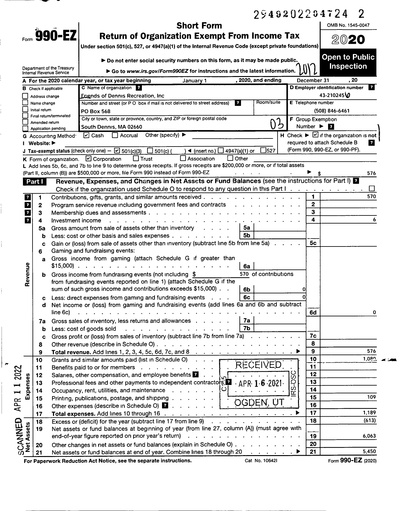 Image of first page of 2020 Form 990EZ for Friends of Dennis Recreation