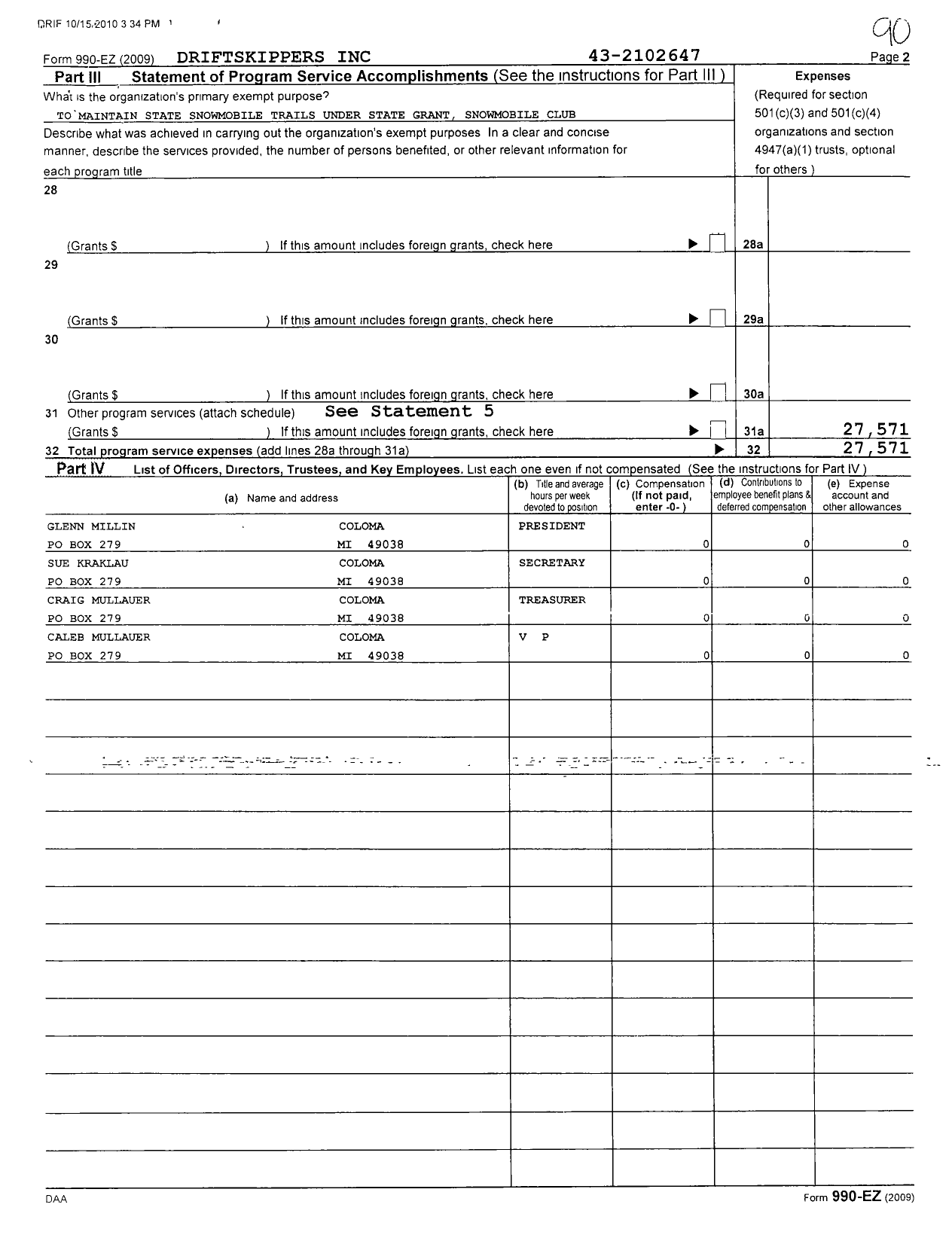 Image of first page of 2009 Form 990EOR for Driftskippers