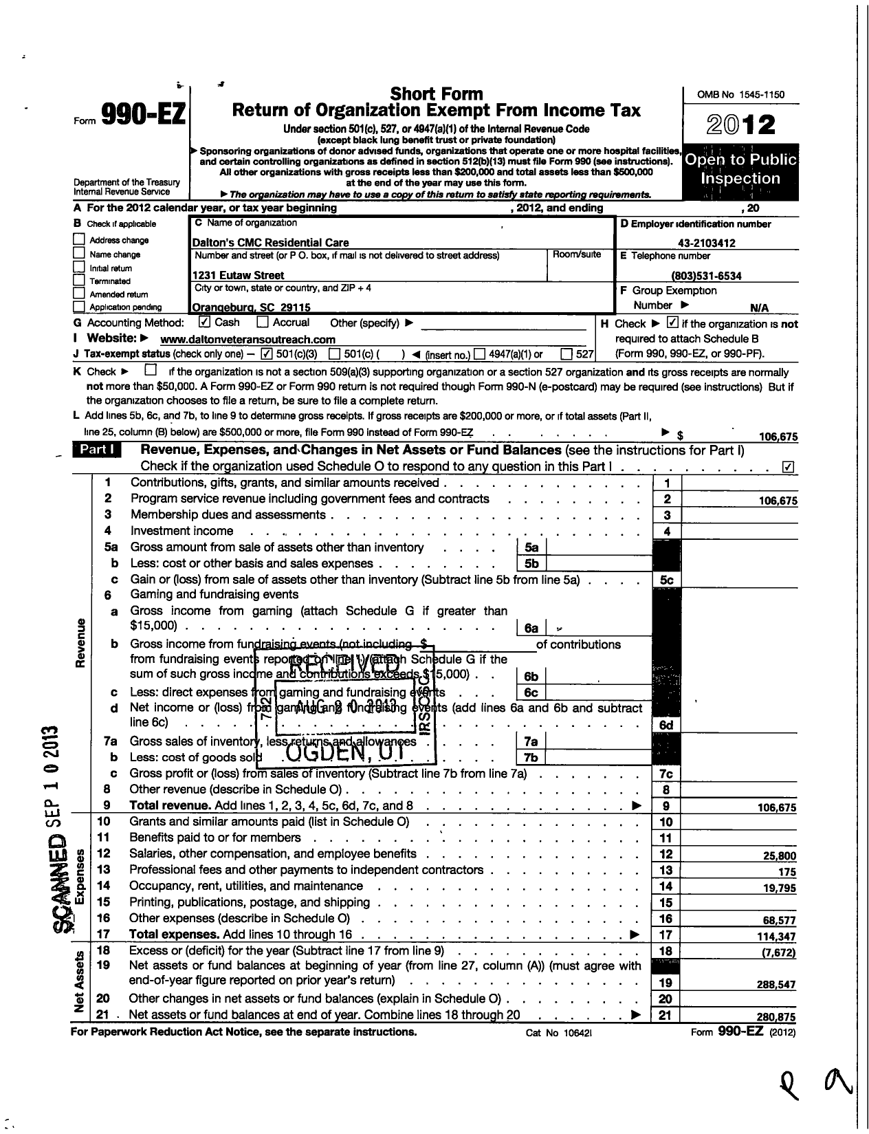 Image of first page of 2012 Form 990EZ for Dalton and Dalton Enterprise