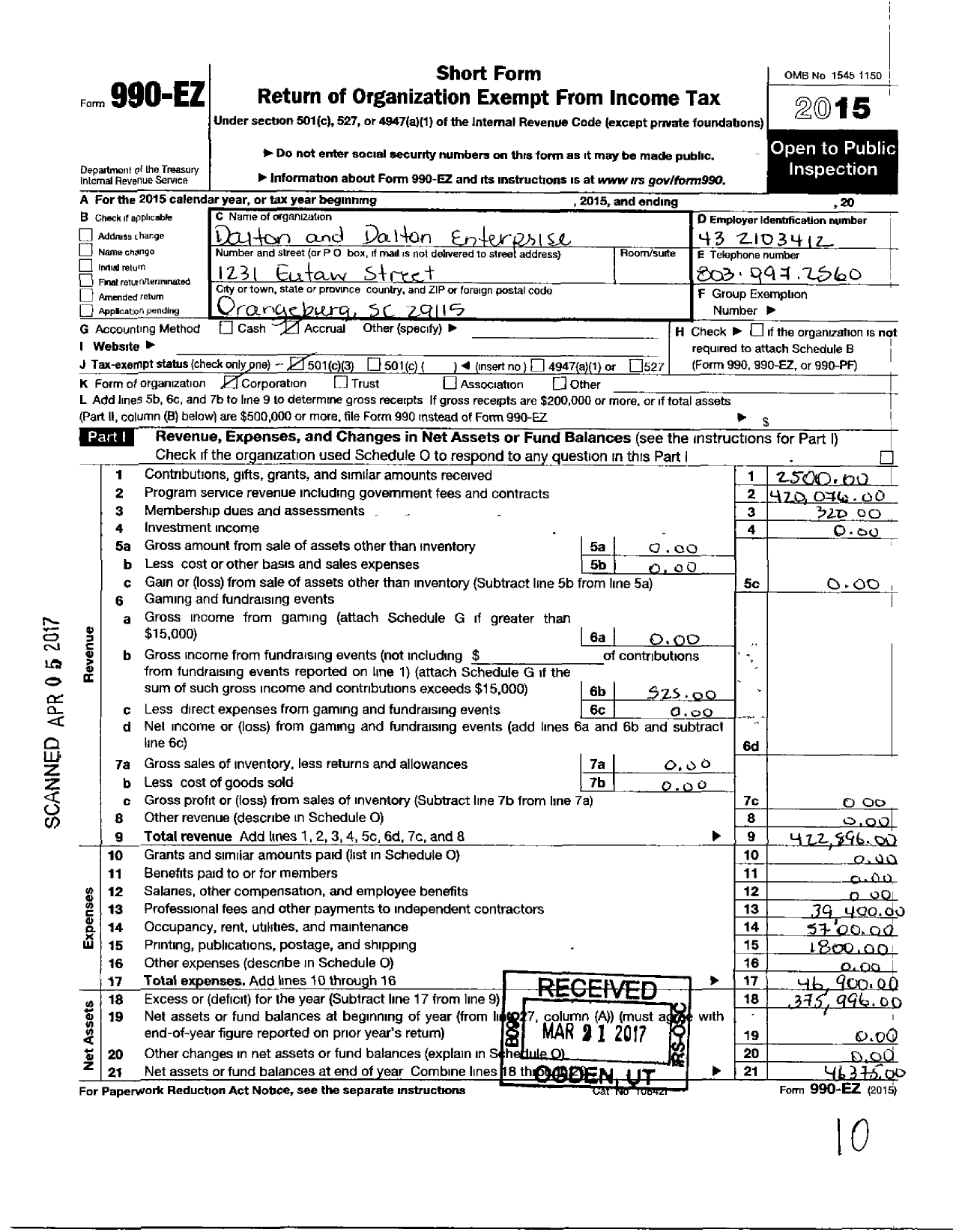 Image of first page of 2015 Form 990EZ for Dalton and Dalton Enterprise