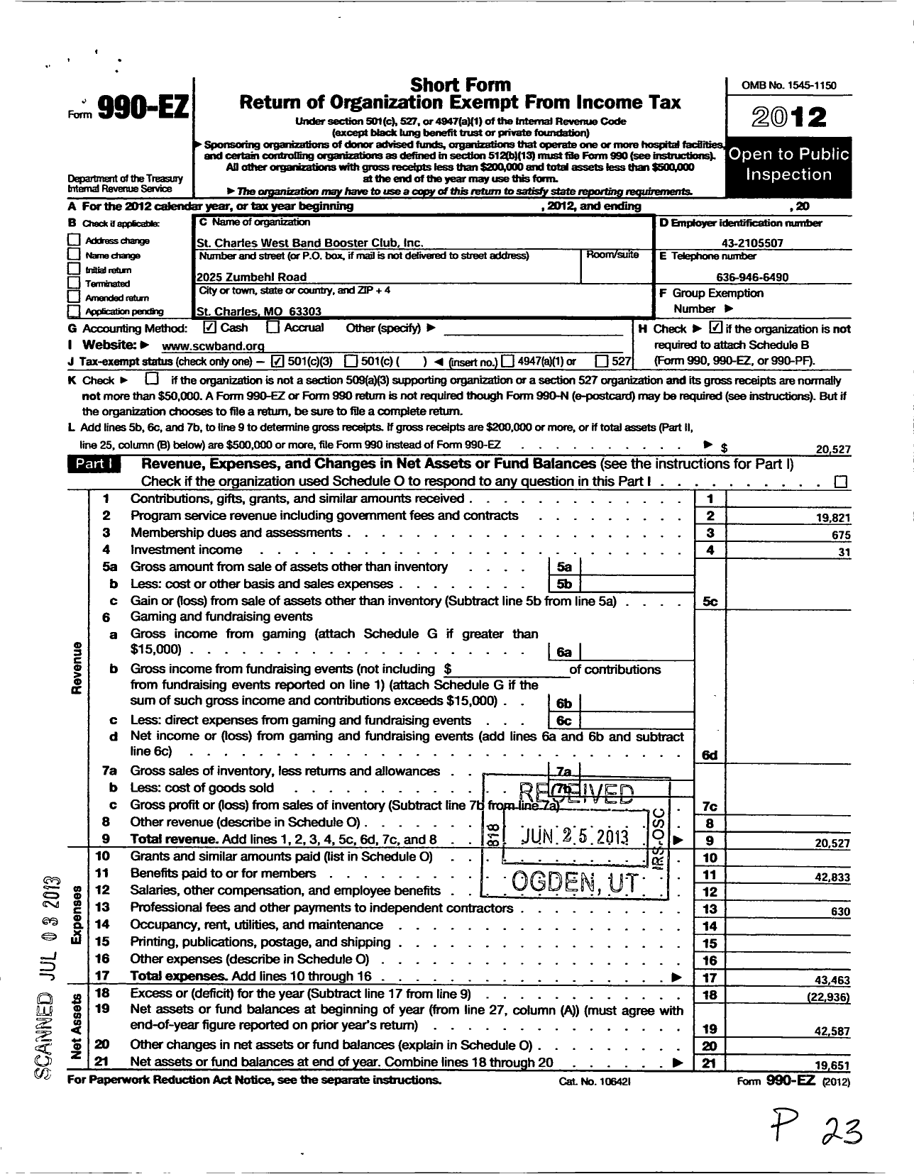 Image of first page of 2012 Form 990EZ for St Charles West Band Booster Club