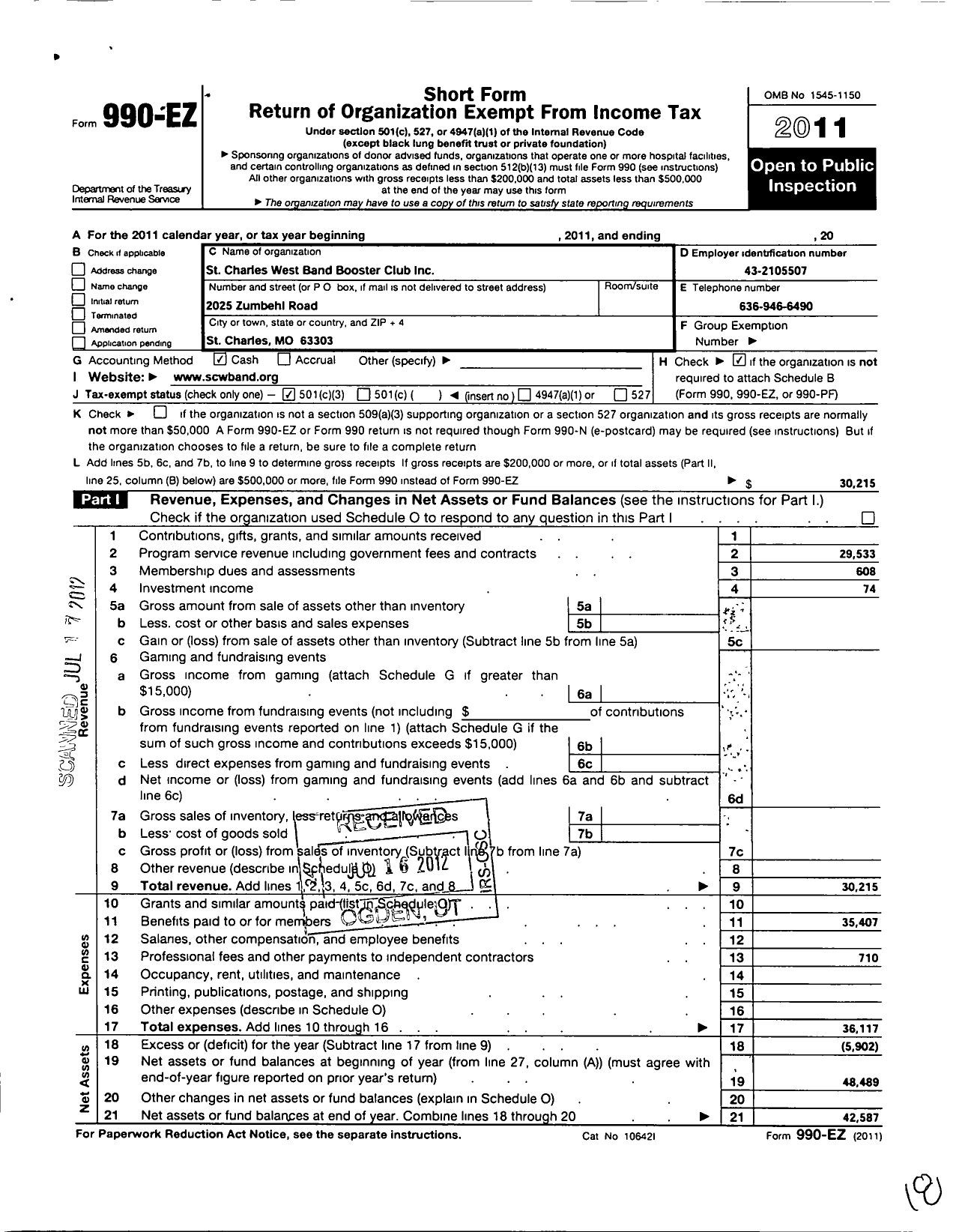 Image of first page of 2011 Form 990EZ for St Charles West Band Booster Club