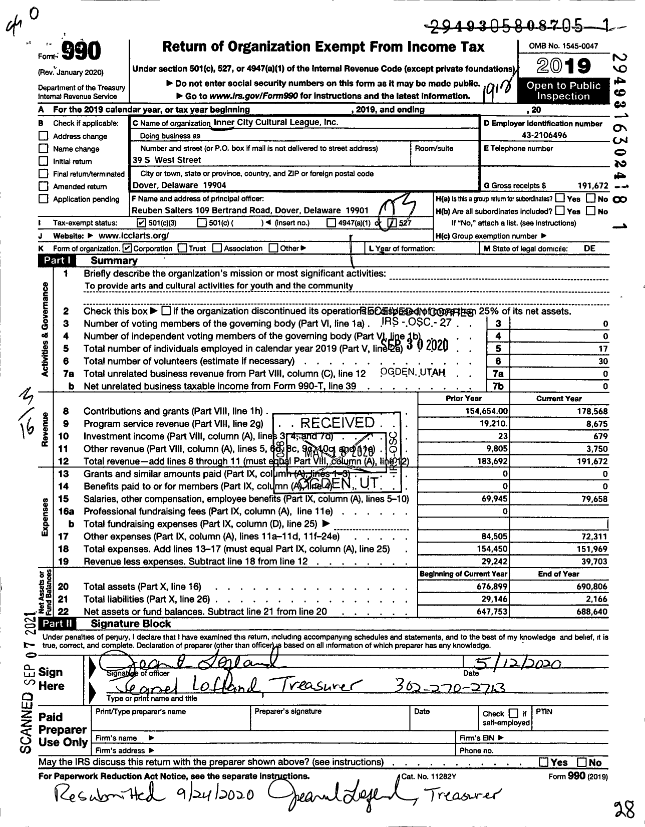 Image of first page of 2019 Form 990 for Inner City Cultural League