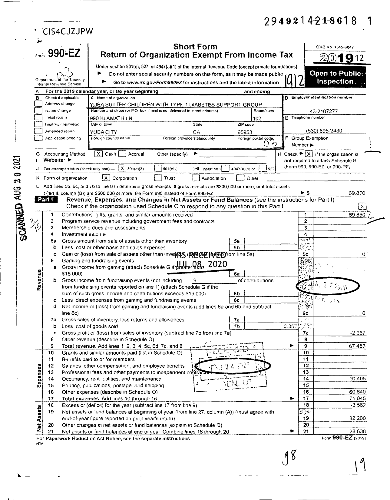 Image of first page of 2019 Form 990EZ for Yuba Sutter Children with Type 1 Diabetes Support Group