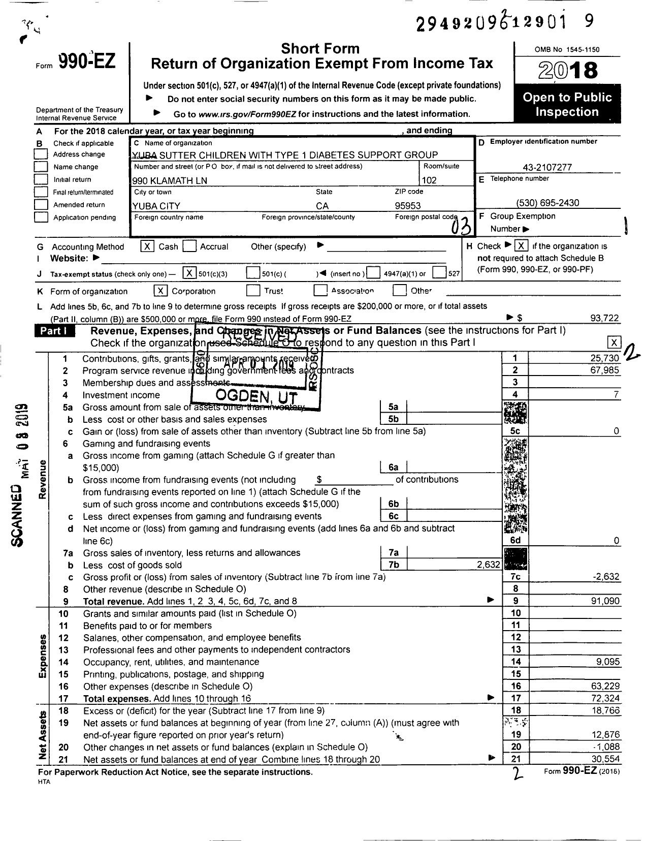 Image of first page of 2018 Form 990EZ for Yuba Sutter Children with Type 1 Diabetes Support Group