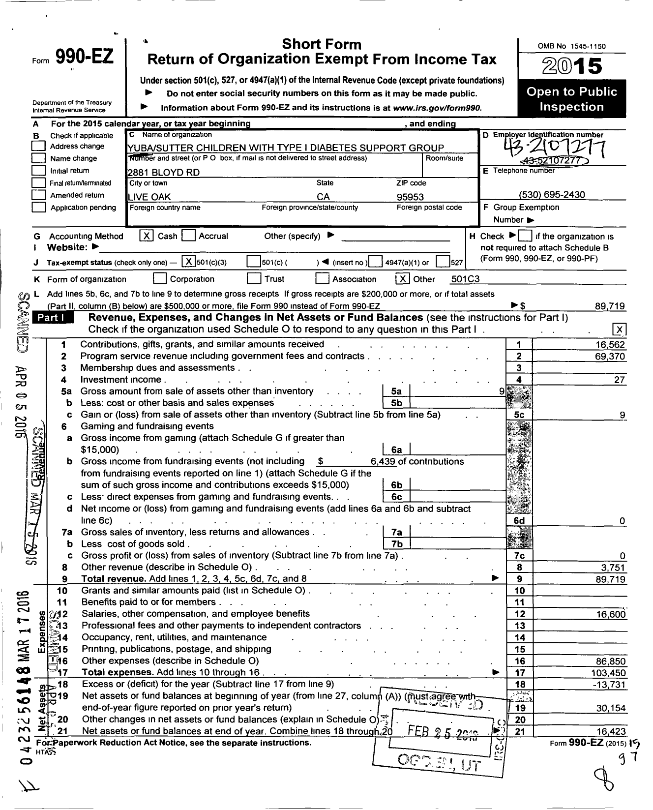 Image of first page of 2015 Form 990EZ for Yuba Sutter Children with Type 1 Diabetes Support Group