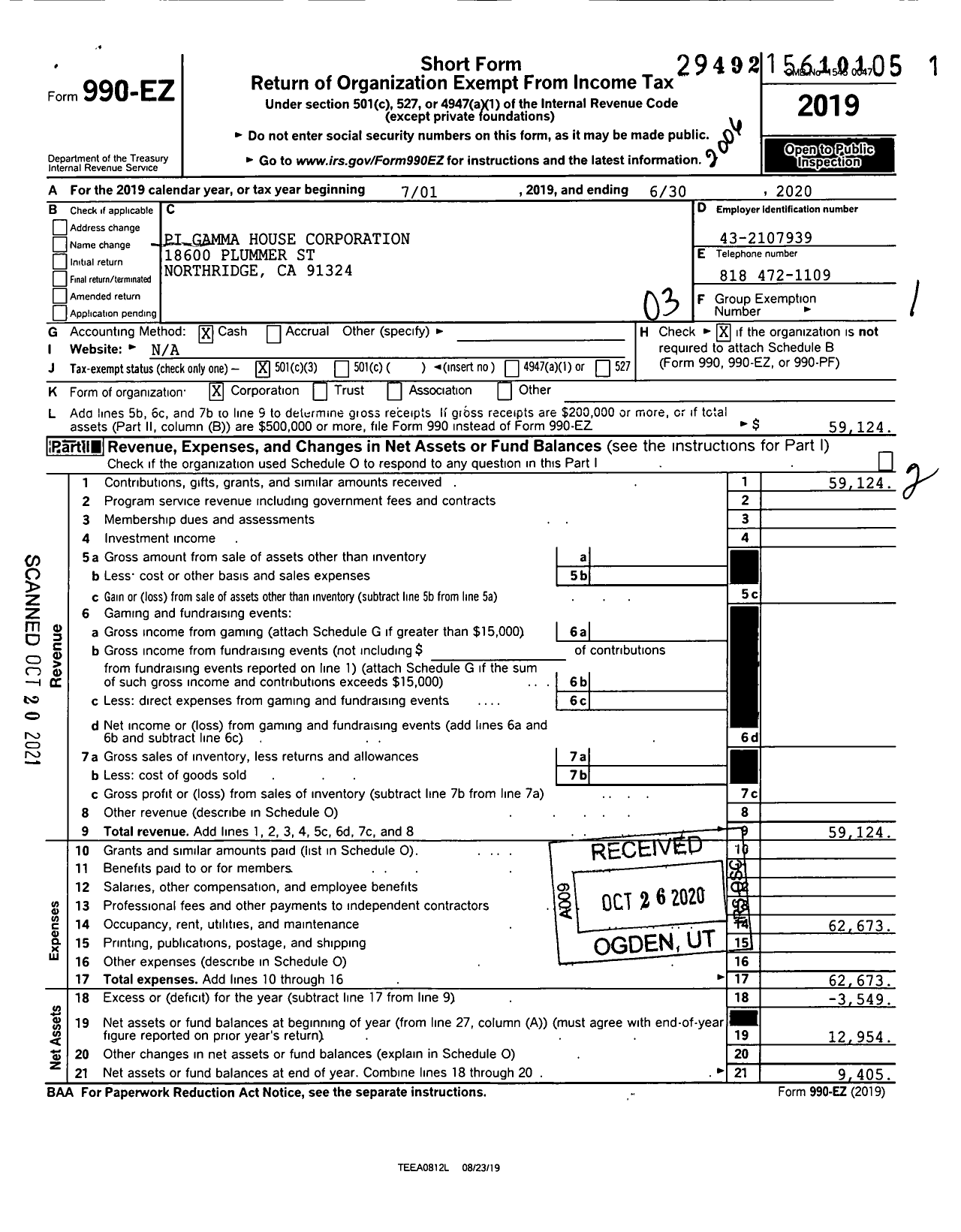 Image of first page of 2019 Form 990EZ for Pi Gamma House Corporation