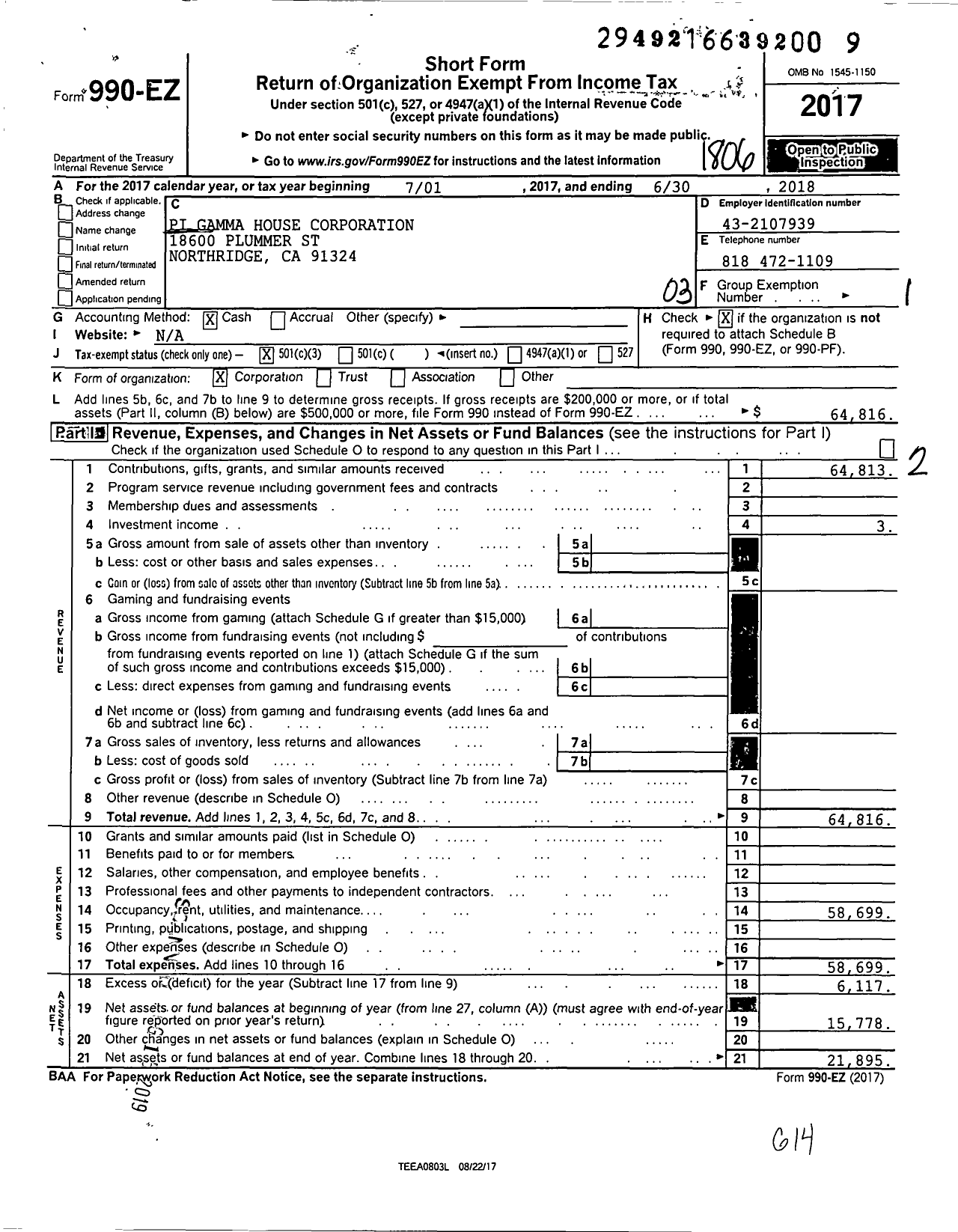 Image of first page of 2017 Form 990EZ for Pi Gamma House Corporation