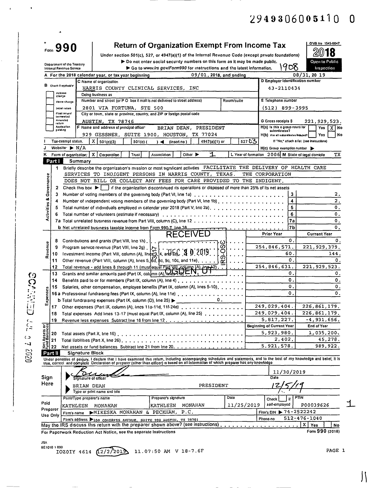 Image of first page of 2018 Form 990 for Harris County Clinical Services