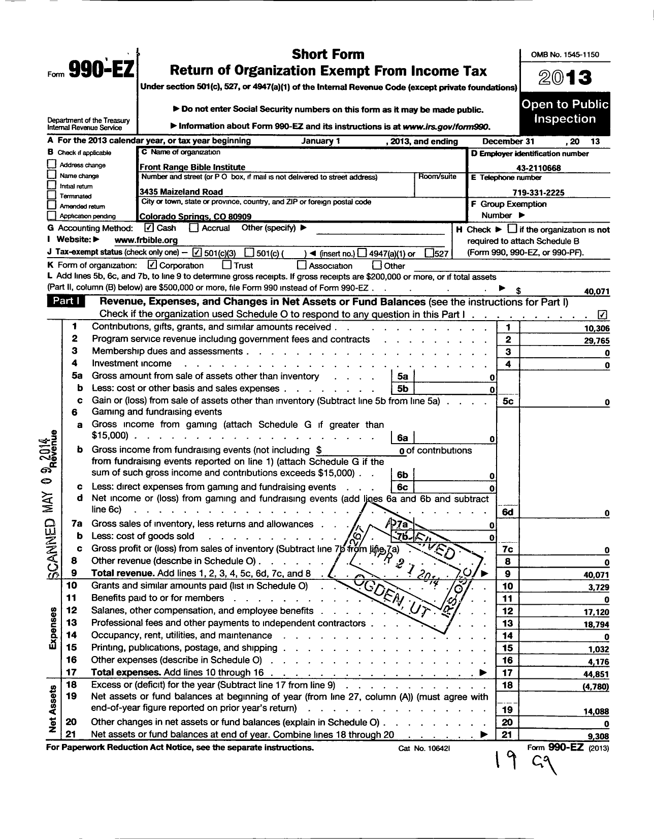 Image of first page of 2013 Form 990EZ for Front Range Bible Institute