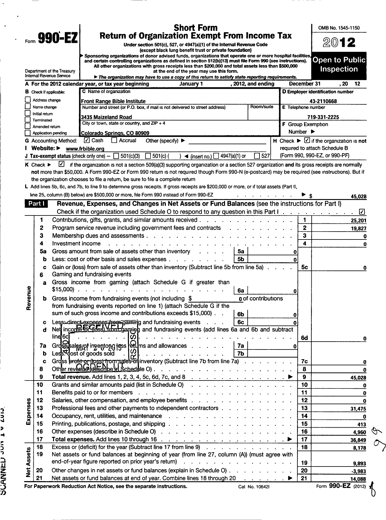 Image of first page of 2012 Form 990EO for Front Range Bible Institute