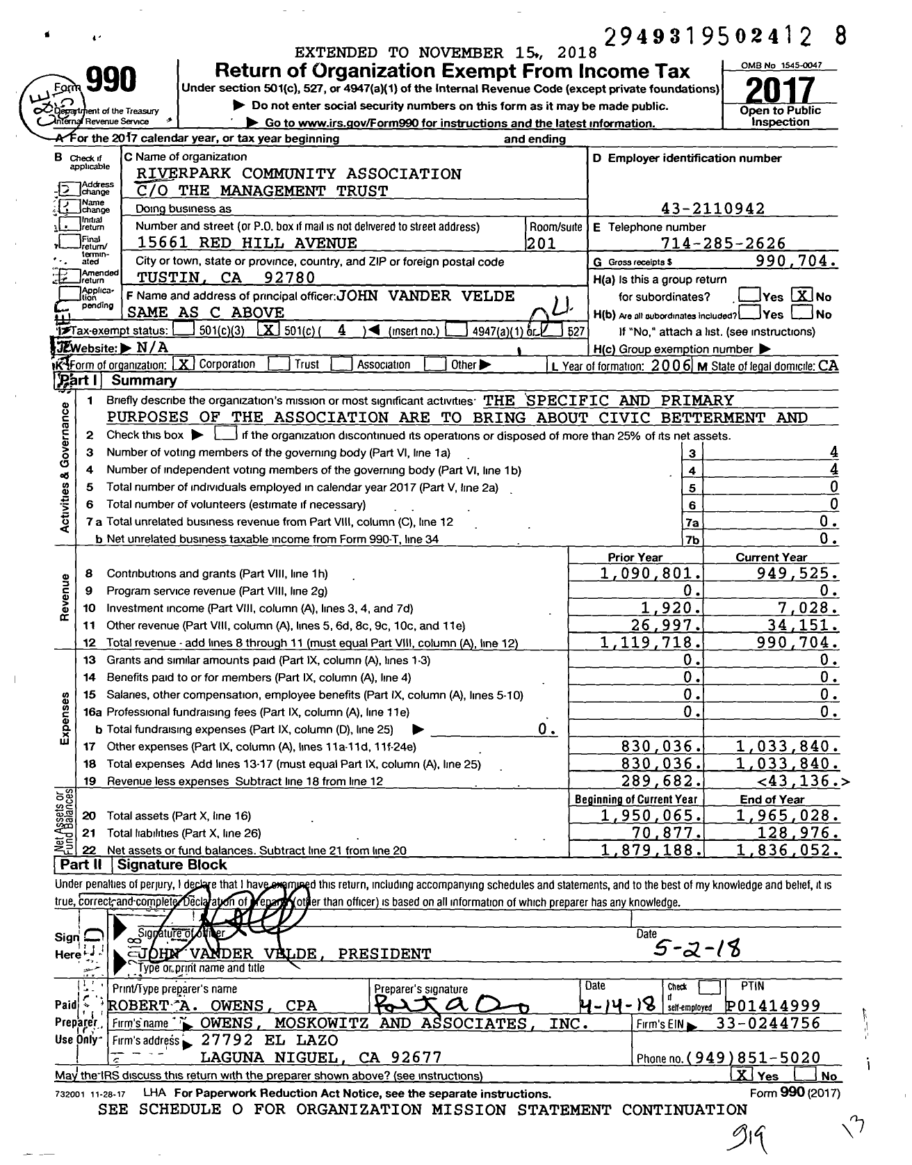 Image of first page of 2017 Form 990O for Riverpark Community Association