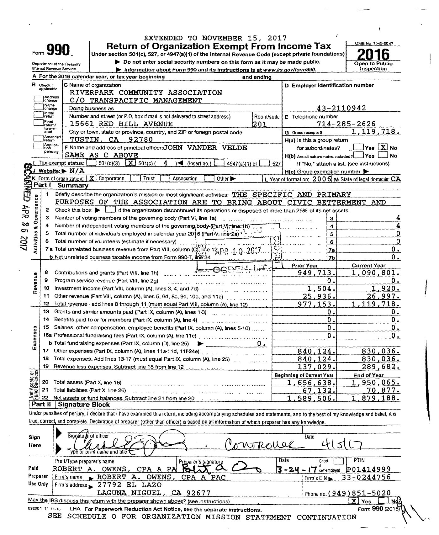 Image of first page of 2016 Form 990O for Riverpark Community Association