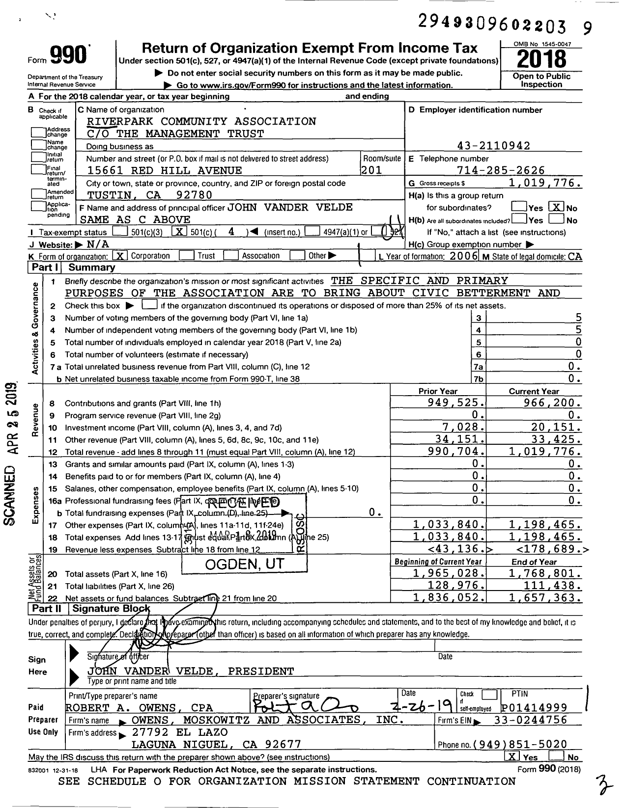 Image of first page of 2018 Form 990O for Riverpark Community Association