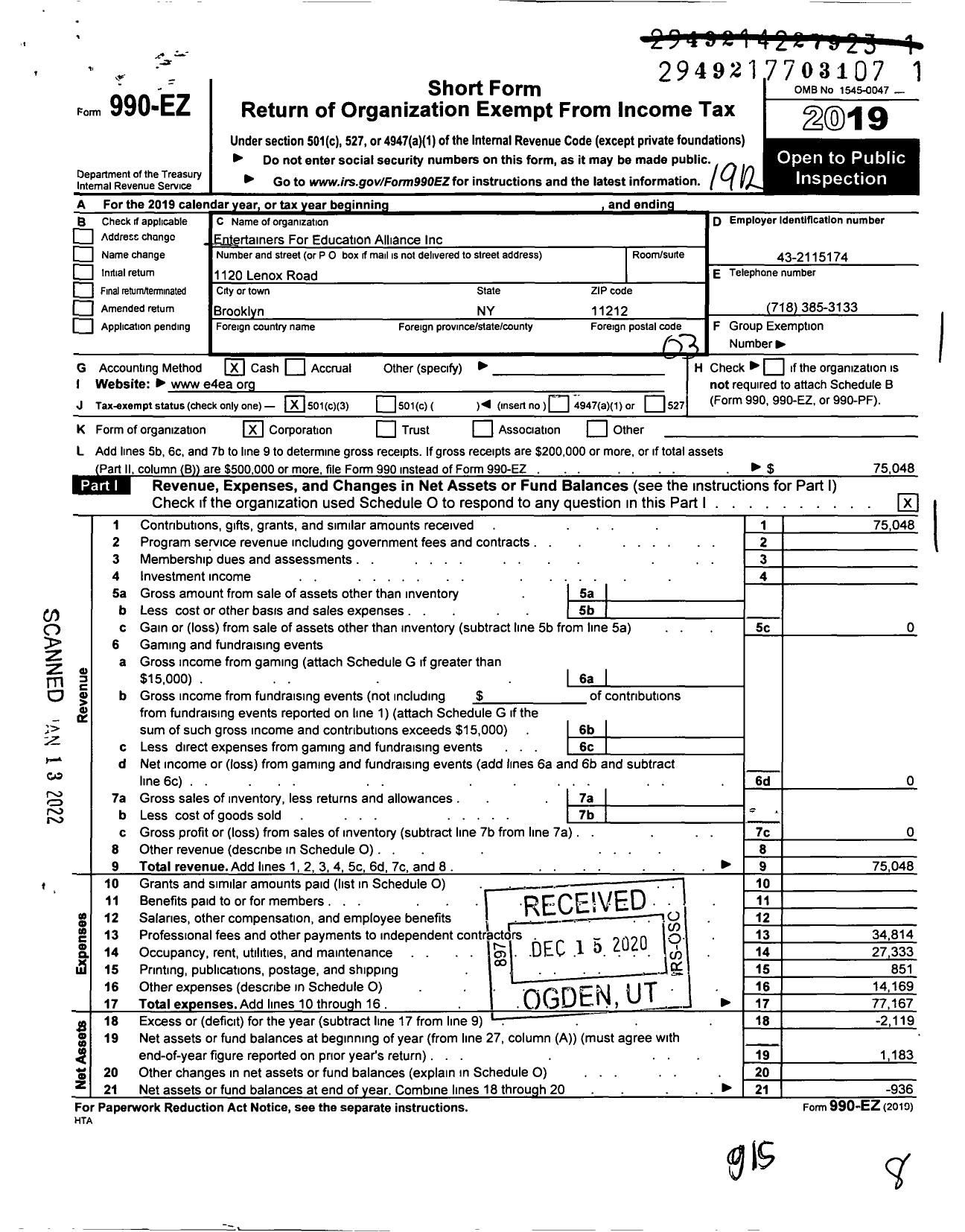 Image of first page of 2019 Form 990EZ for Entertainers For Education Alliance