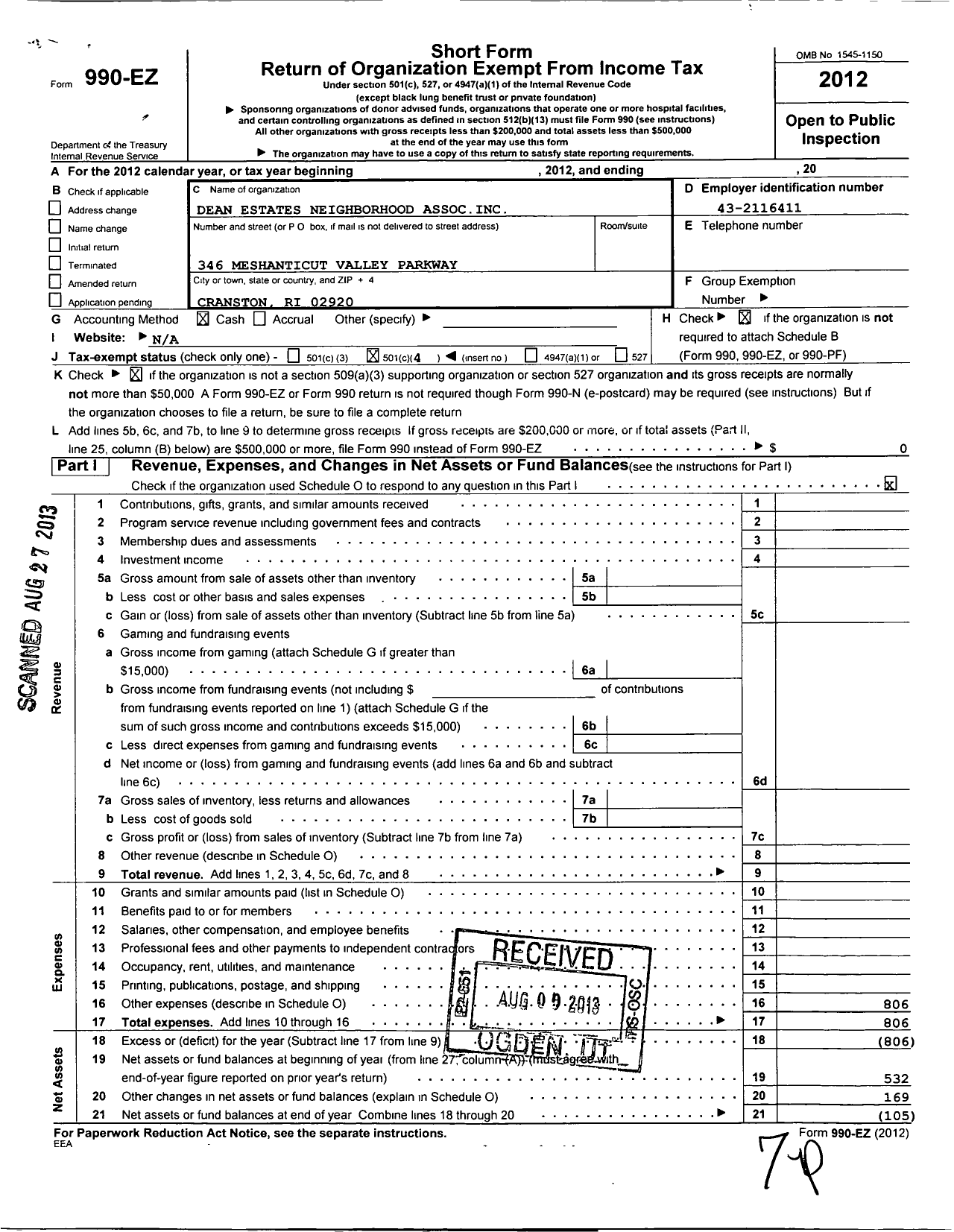 Image of first page of 2012 Form 990EO for Dean Estates Neighborhood Association