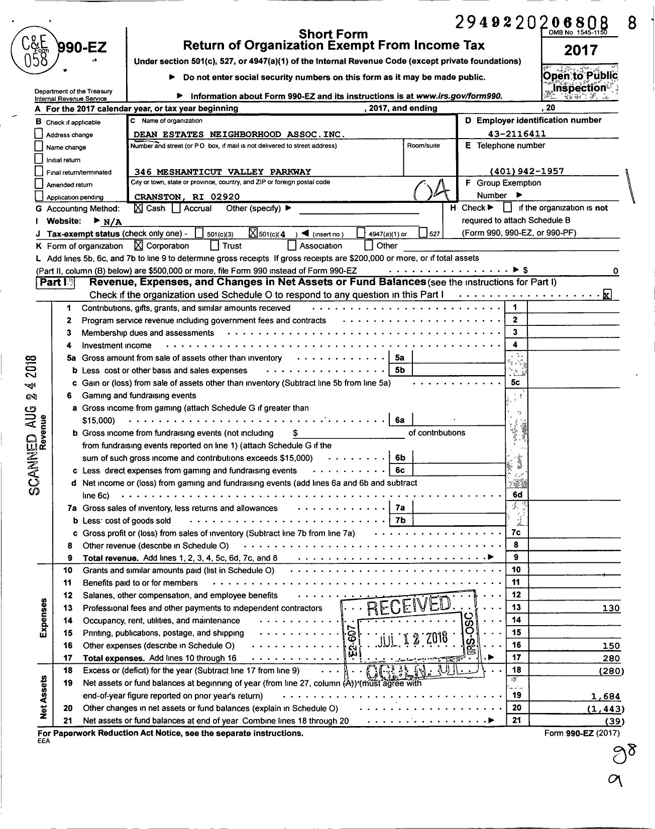 Image of first page of 2017 Form 990EO for Dean Estates Neighborhood Association