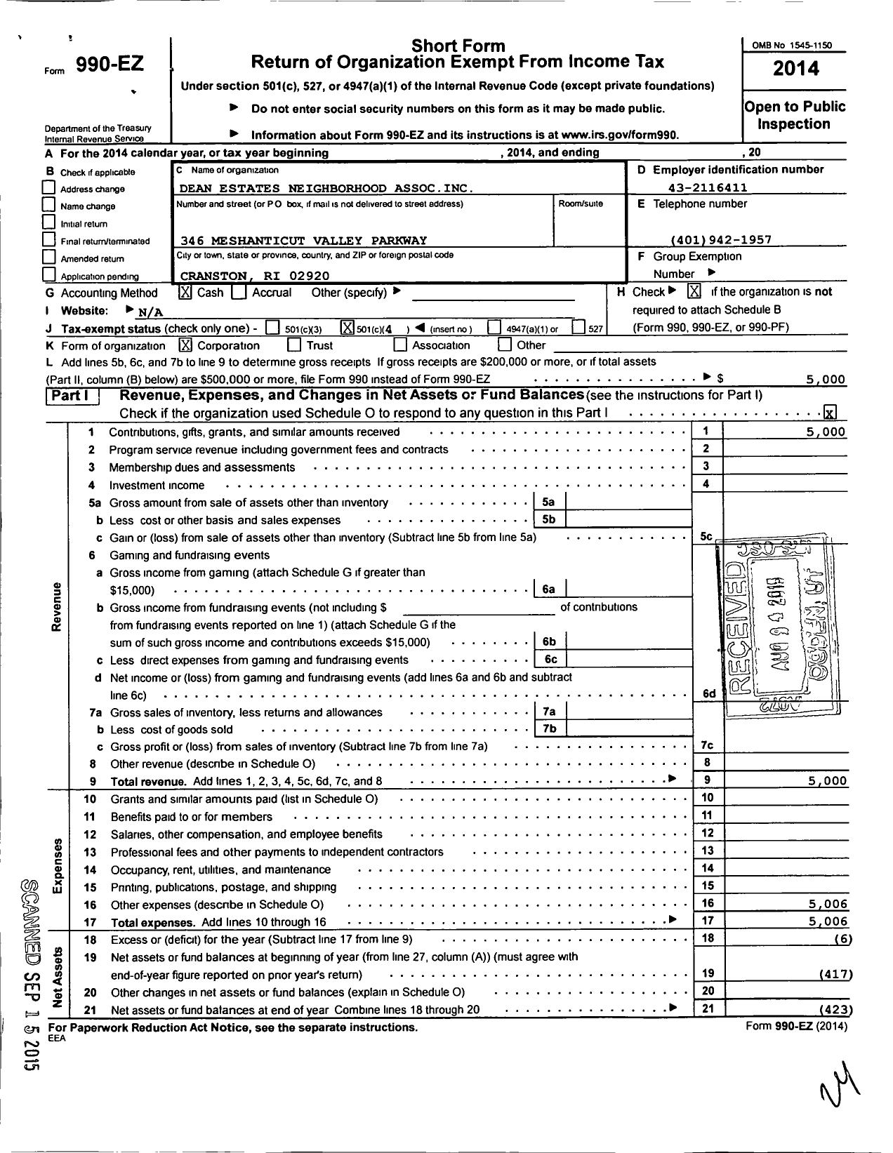 Image of first page of 2014 Form 990EO for Dean Estates Neighborhood Association