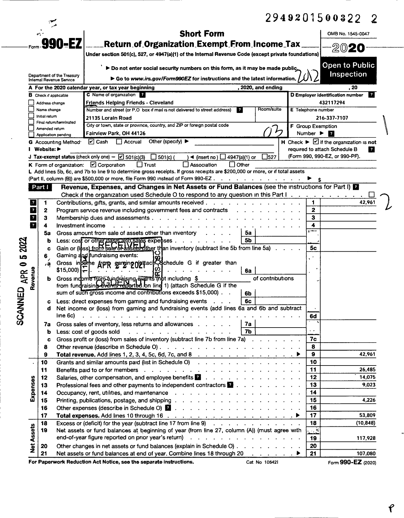 Image of first page of 2020 Form 990EZ for Friends Helping Friends-Cleveland West