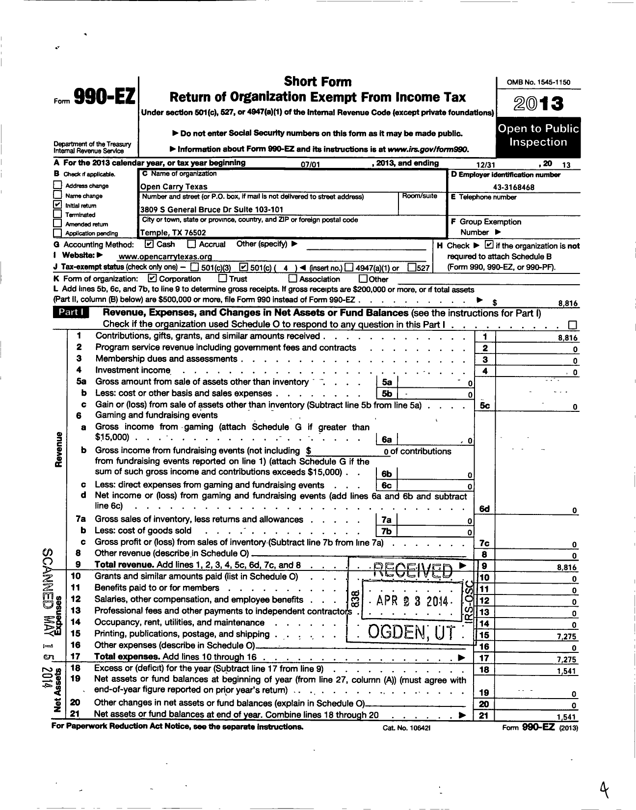 Image of first page of 2013 Form 990EO for Open Carry Texas