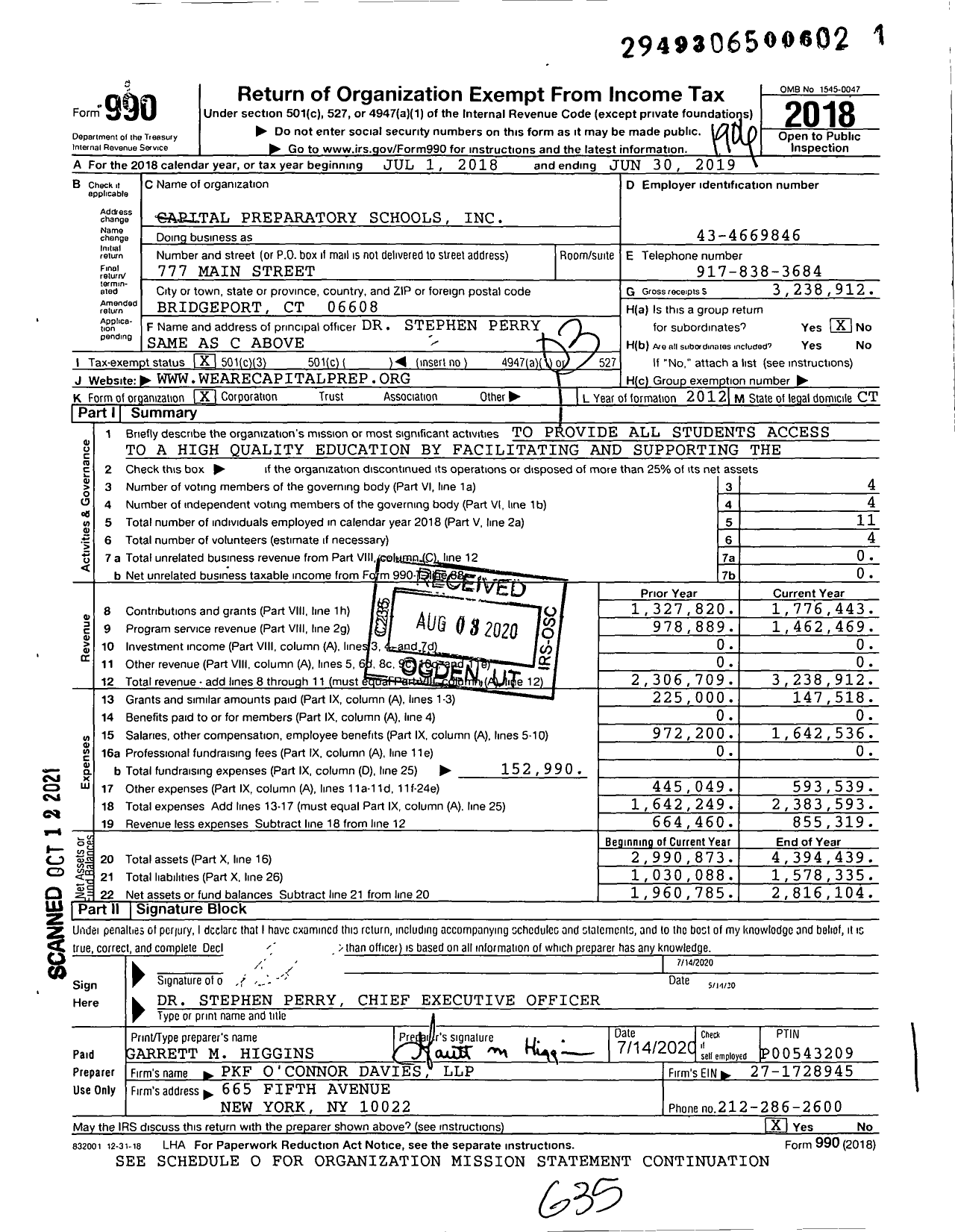Image of first page of 2018 Form 990 for Capital Preparatory Schools