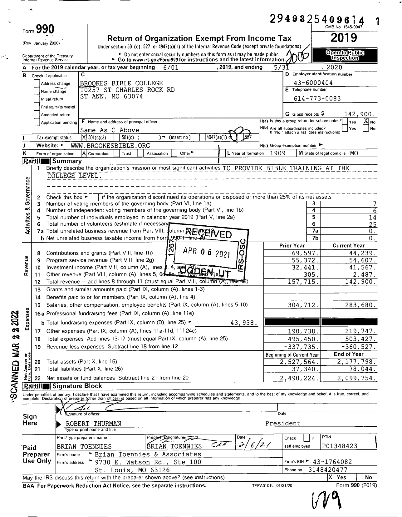 Image of first page of 2019 Form 990 for Brookes Bible College