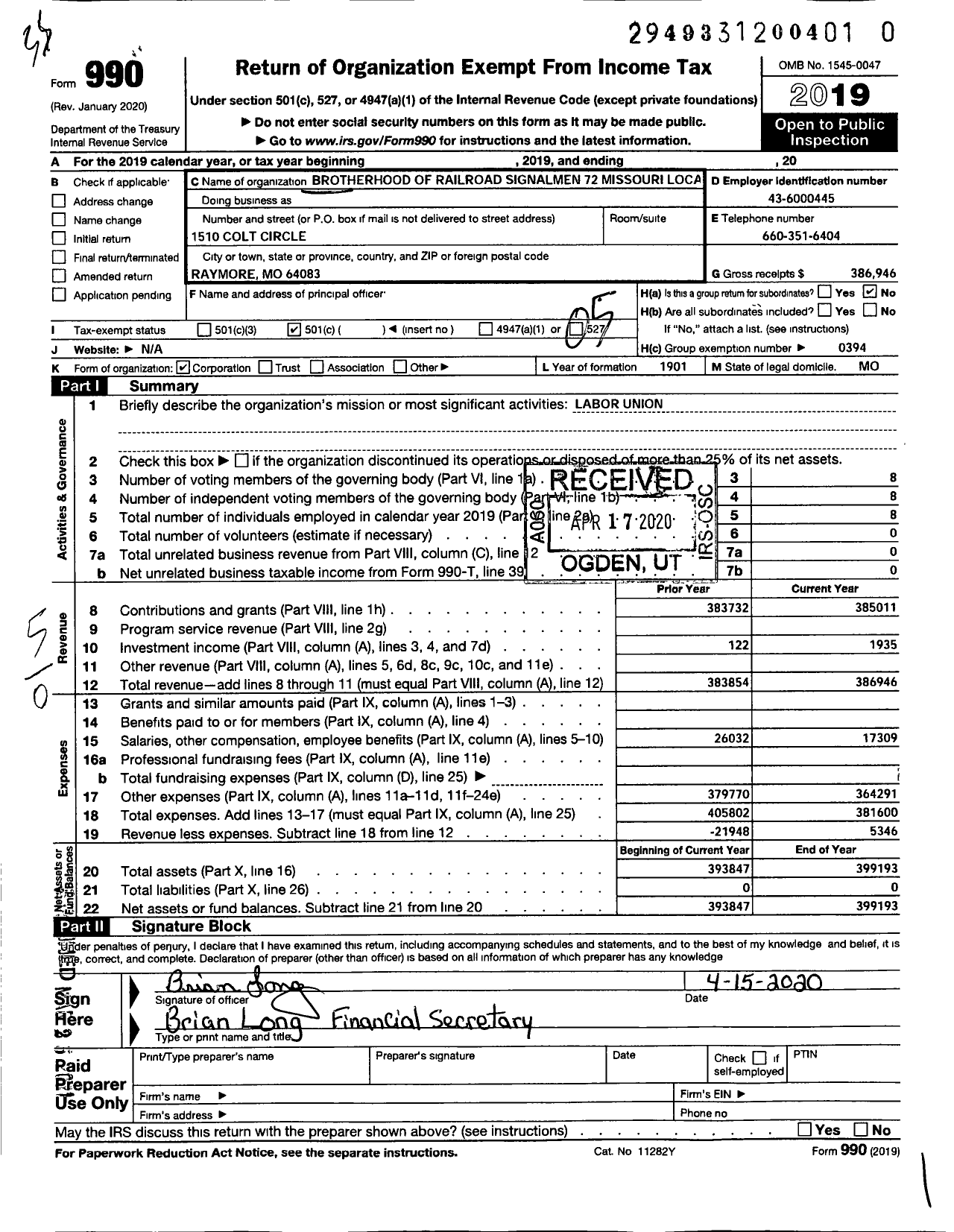 Image of first page of 2019 Form 990O for Brotherhood of Railroad Signalmen - 72 Missouri Local