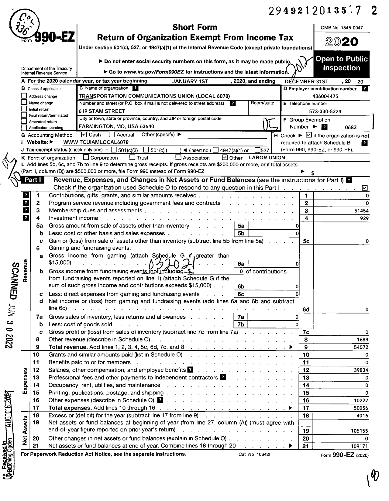 Image of first page of 2020 Form 990EO for Transportation-Communications Union / T6078 Lodge