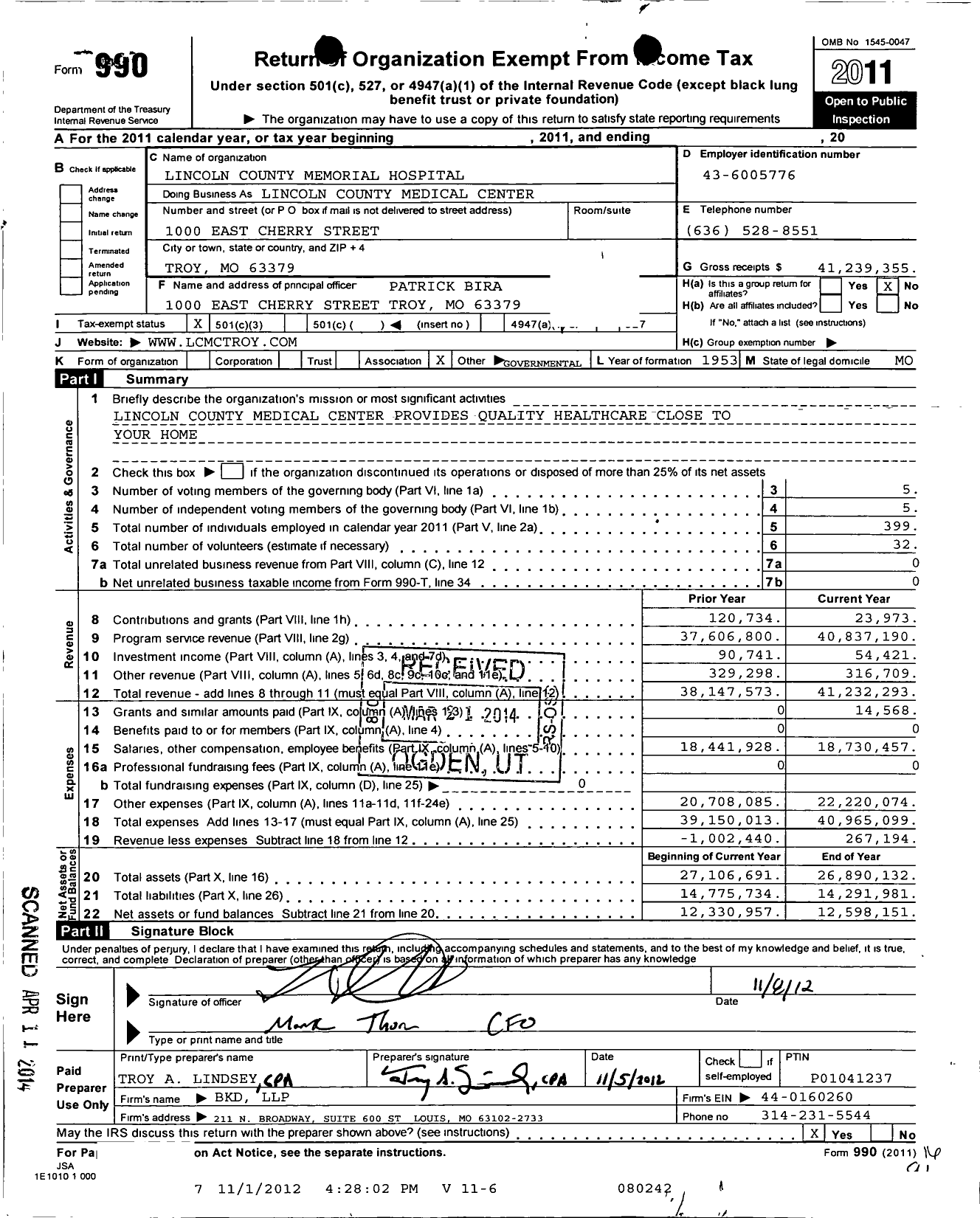 Image of first page of 2011 Form 990 for Lincoln County Memorial Hospital