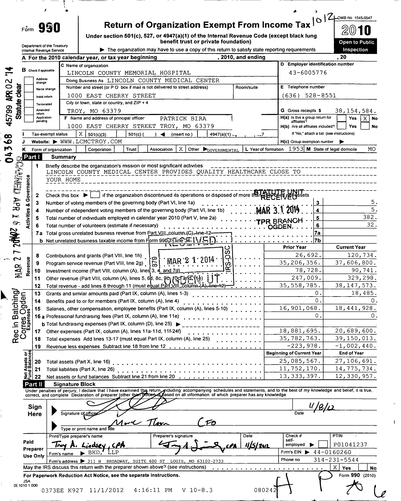 Image of first page of 2010 Form 990 for Lincoln County Memorial Hospital