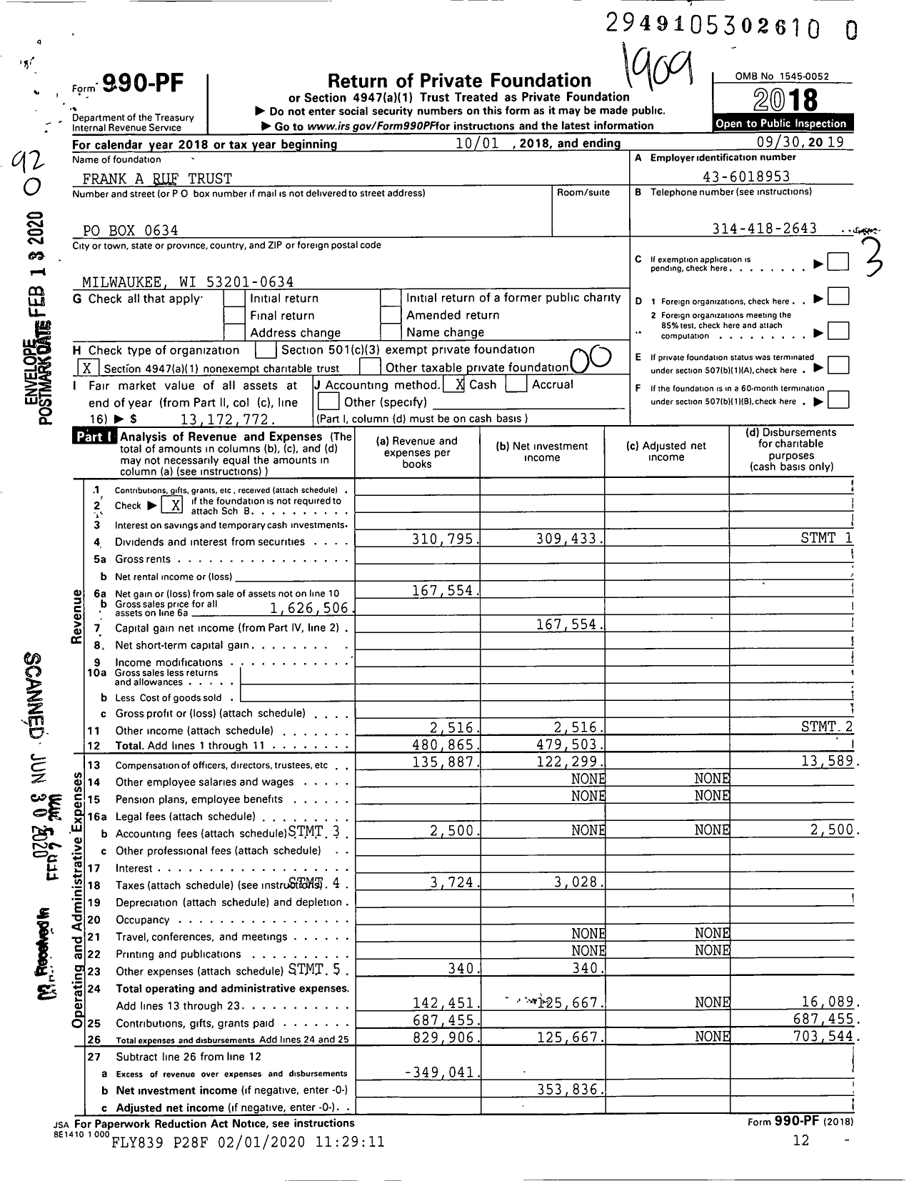 Image of first page of 2018 Form 990PR for Frank A Ruf Trust