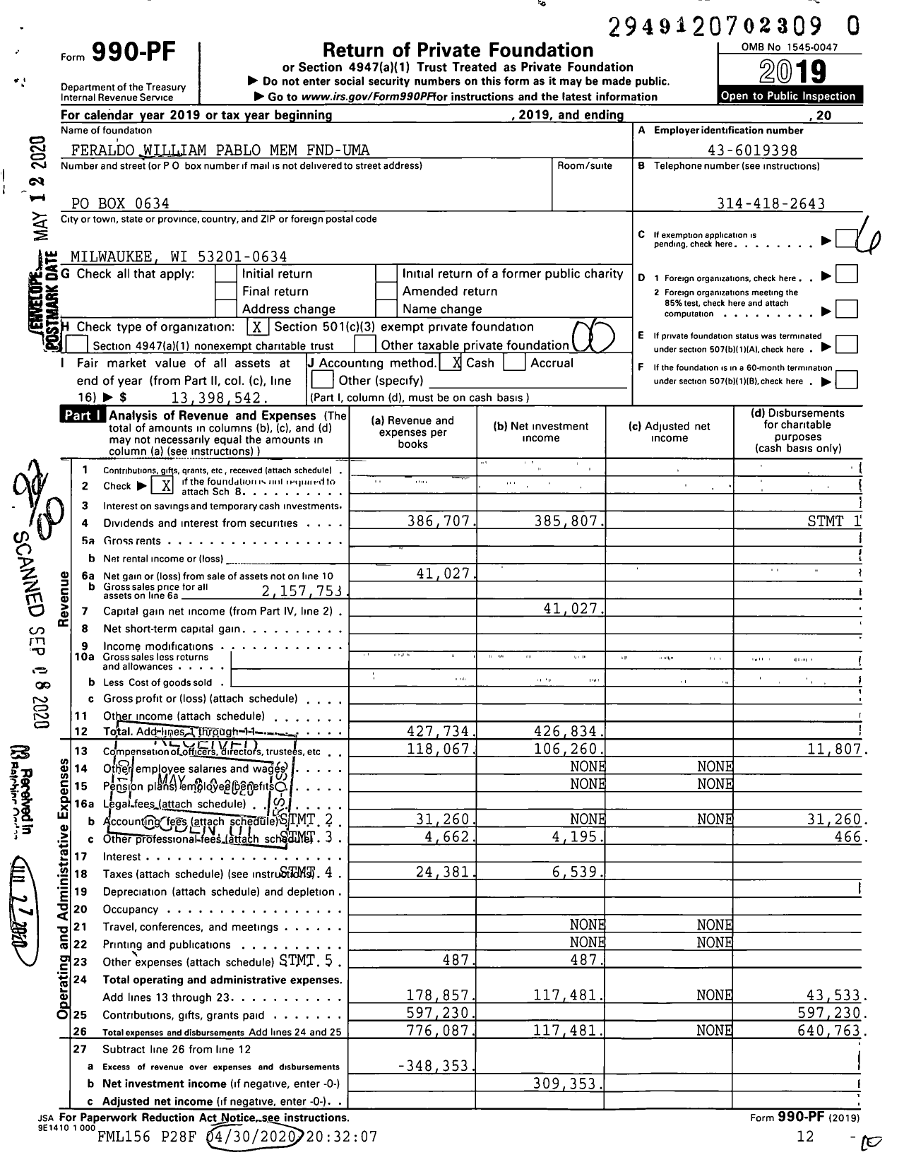 Image of first page of 2019 Form 990PR for Feraldo William Pablo Memorial Fnd-Uma