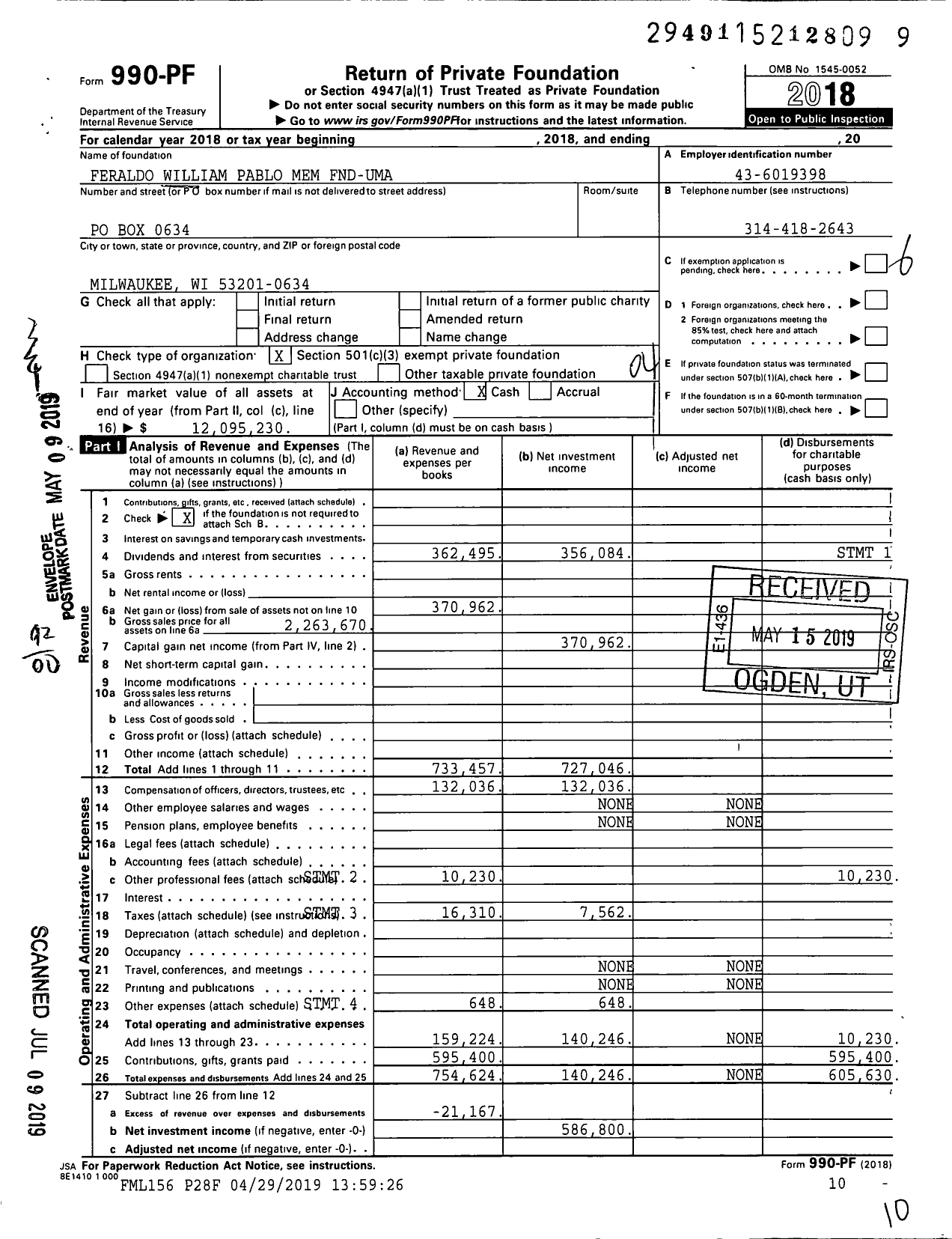 Image of first page of 2018 Form 990PF for Feraldo William Pablo Memorial Fnd-Uma