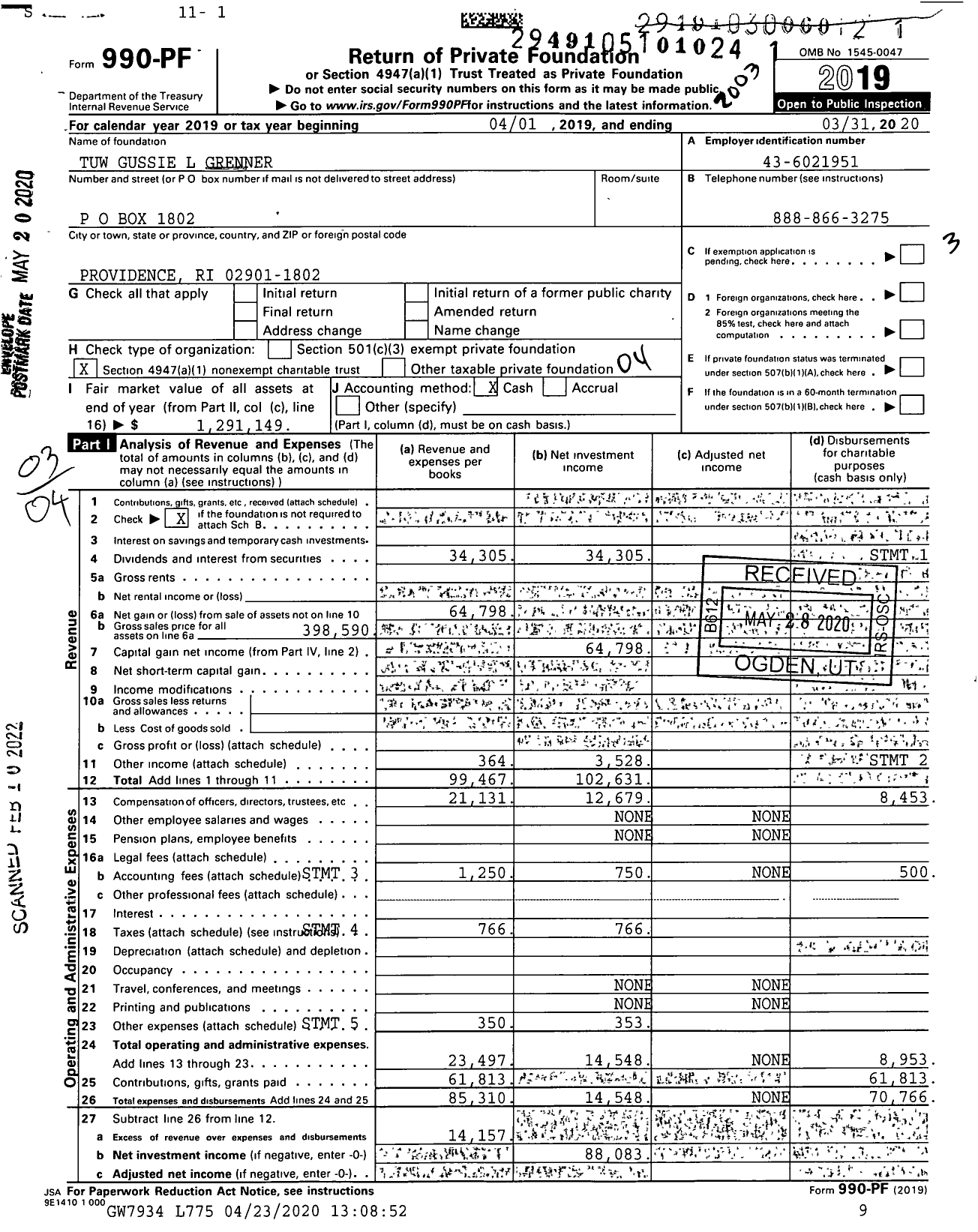 Image of first page of 2019 Form 990PF for Tuw Gussie L Grenner