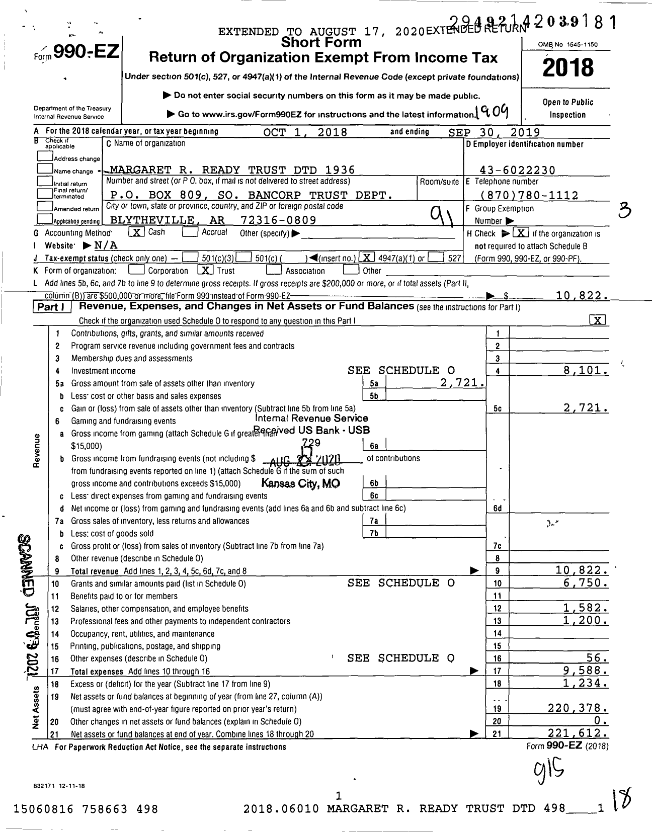 Image of first page of 2018 Form 990EO for Margaret R Ready Trust DTD 1936