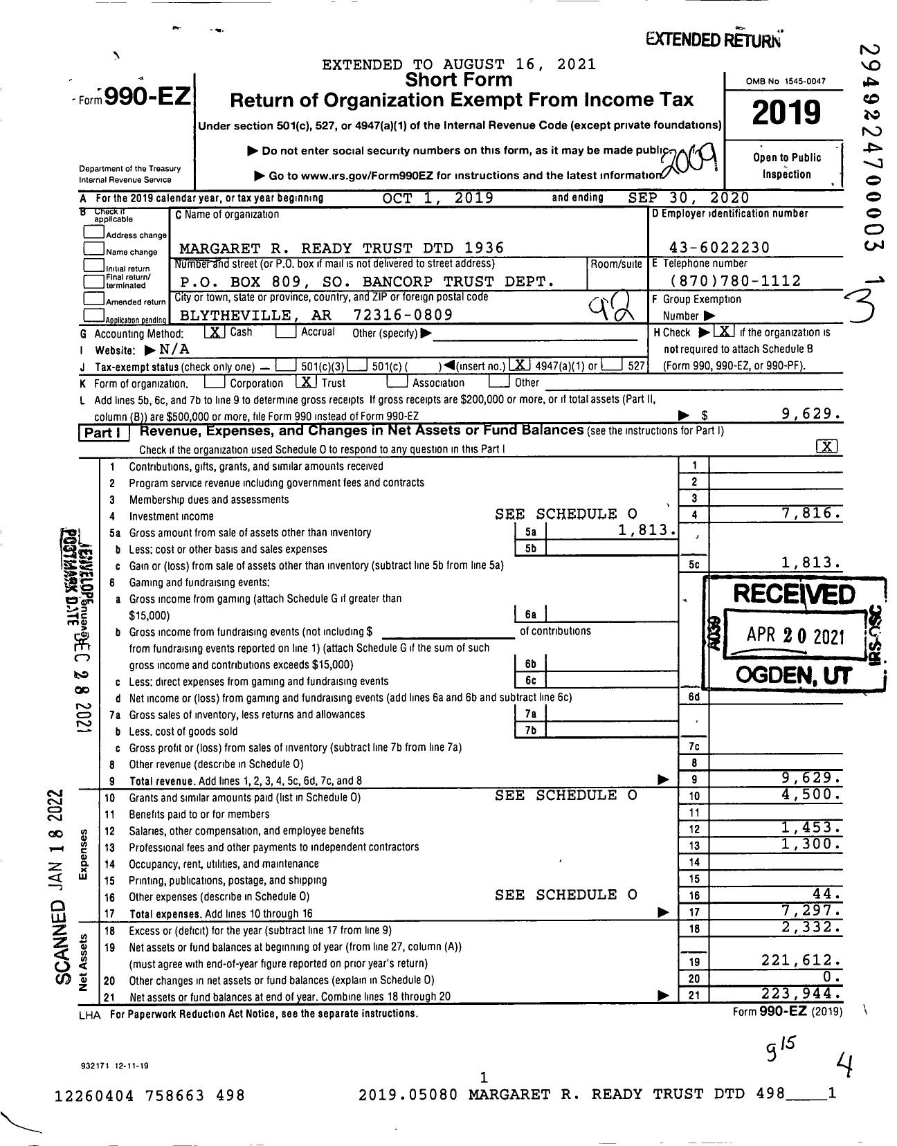 Image of first page of 2019 Form 990EO for Margaret R Ready Trust DTD 1936